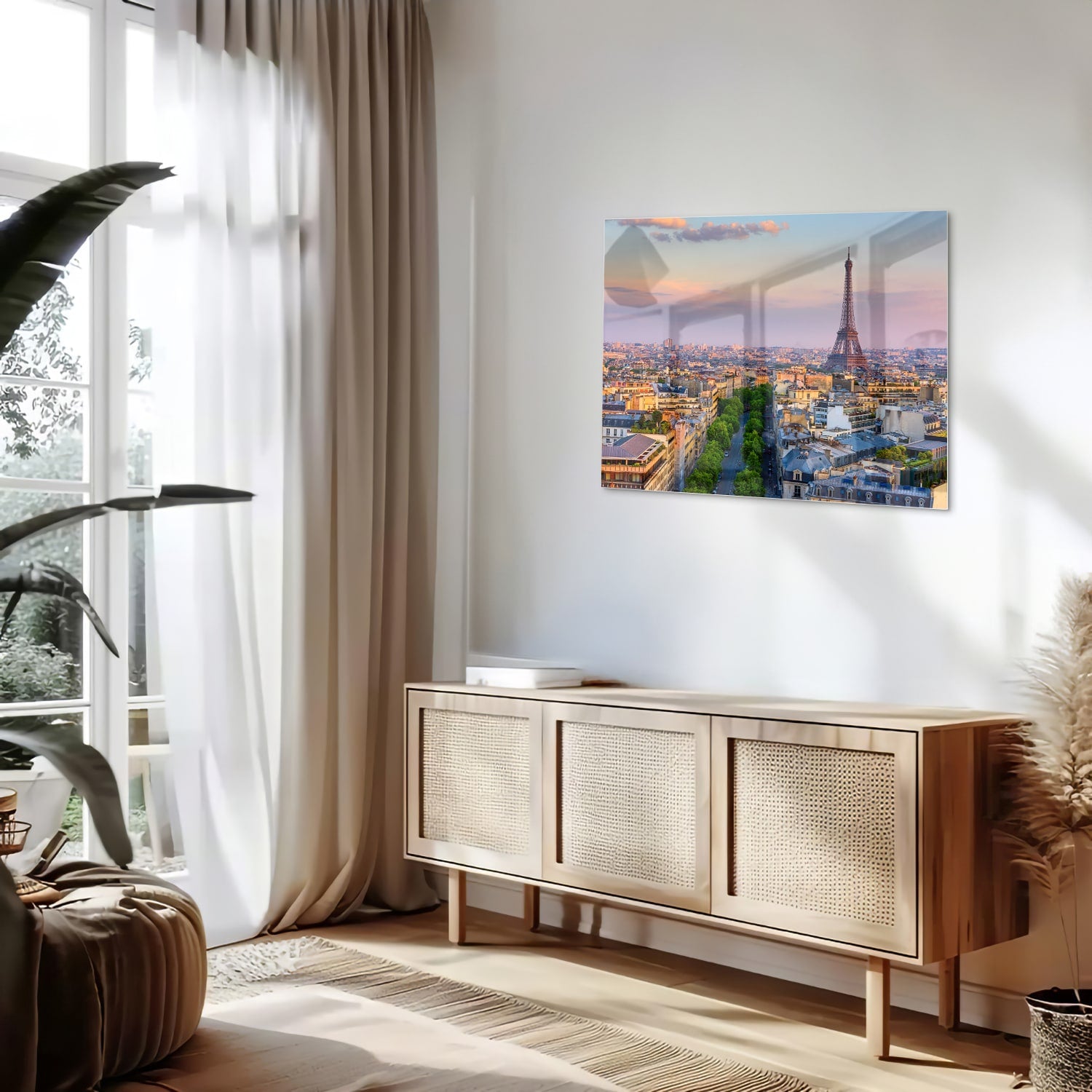 Glas schilderij van de Eiffeltoren in Parijs bij zonsondergang