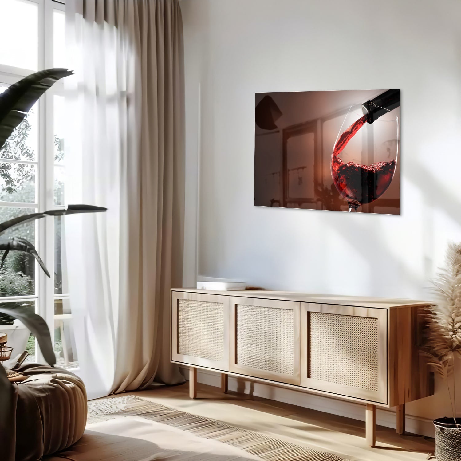 Glazen schilderij van een rode wijn die in een glas wordt ingeschonken, zichtbaar in een moderne woonkamer.