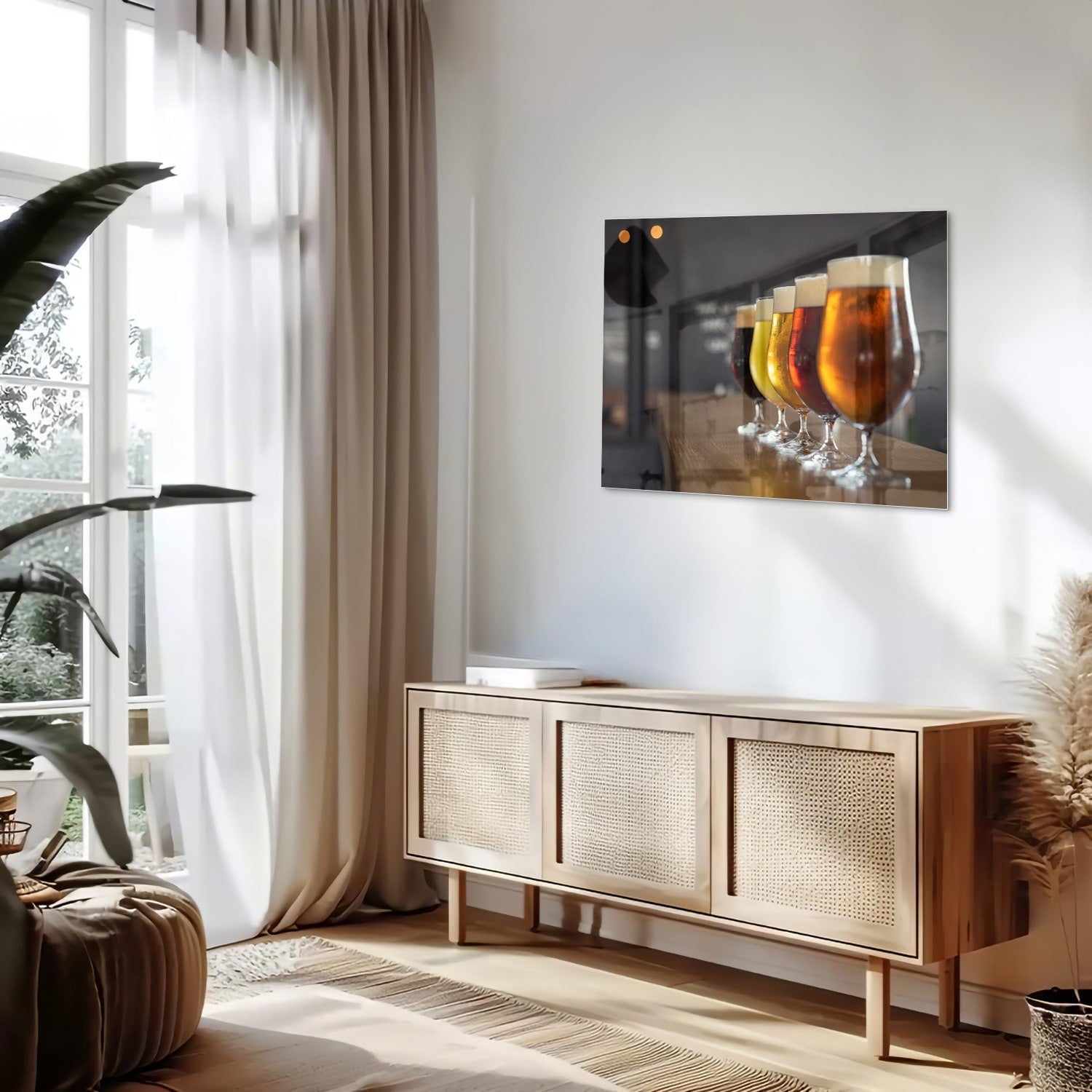 Glazen schilderij met een selectie verschillende bieren in helder glazen.