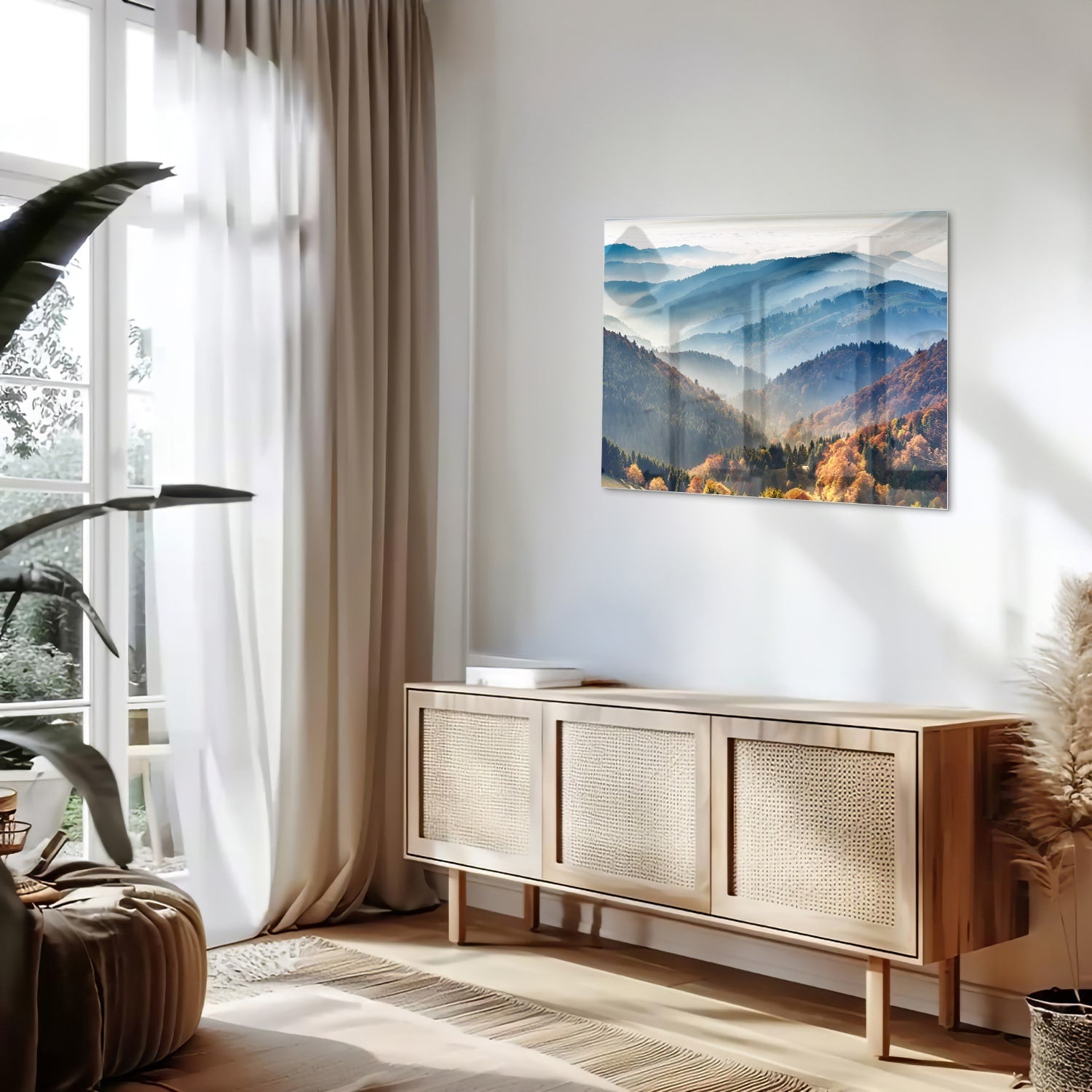 Glazen schilderij met een adembenemend berglandschap in warme herfstkleuren