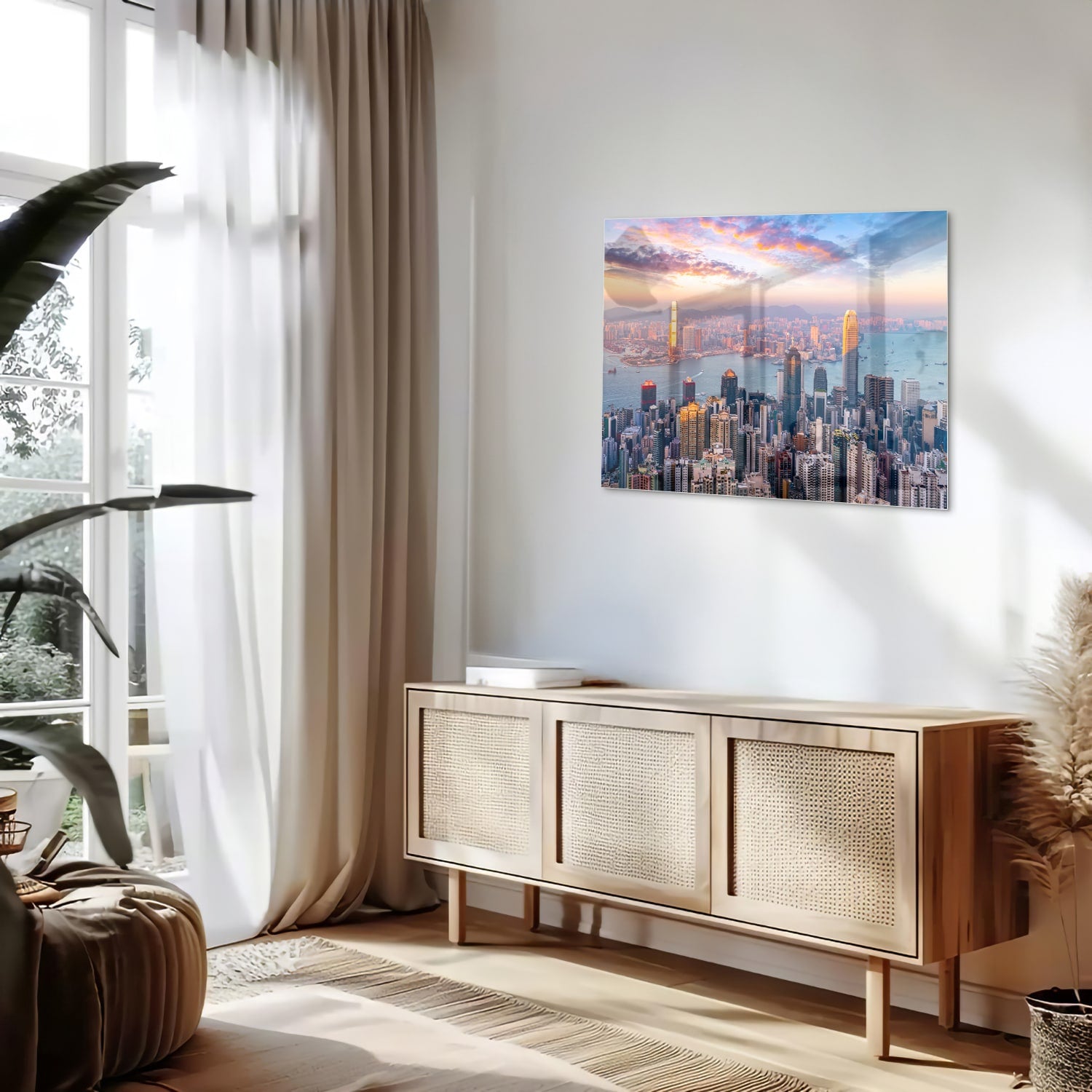 Glazen schilderij van een stadsgezicht met zonsondergang, perfect voor inrichting