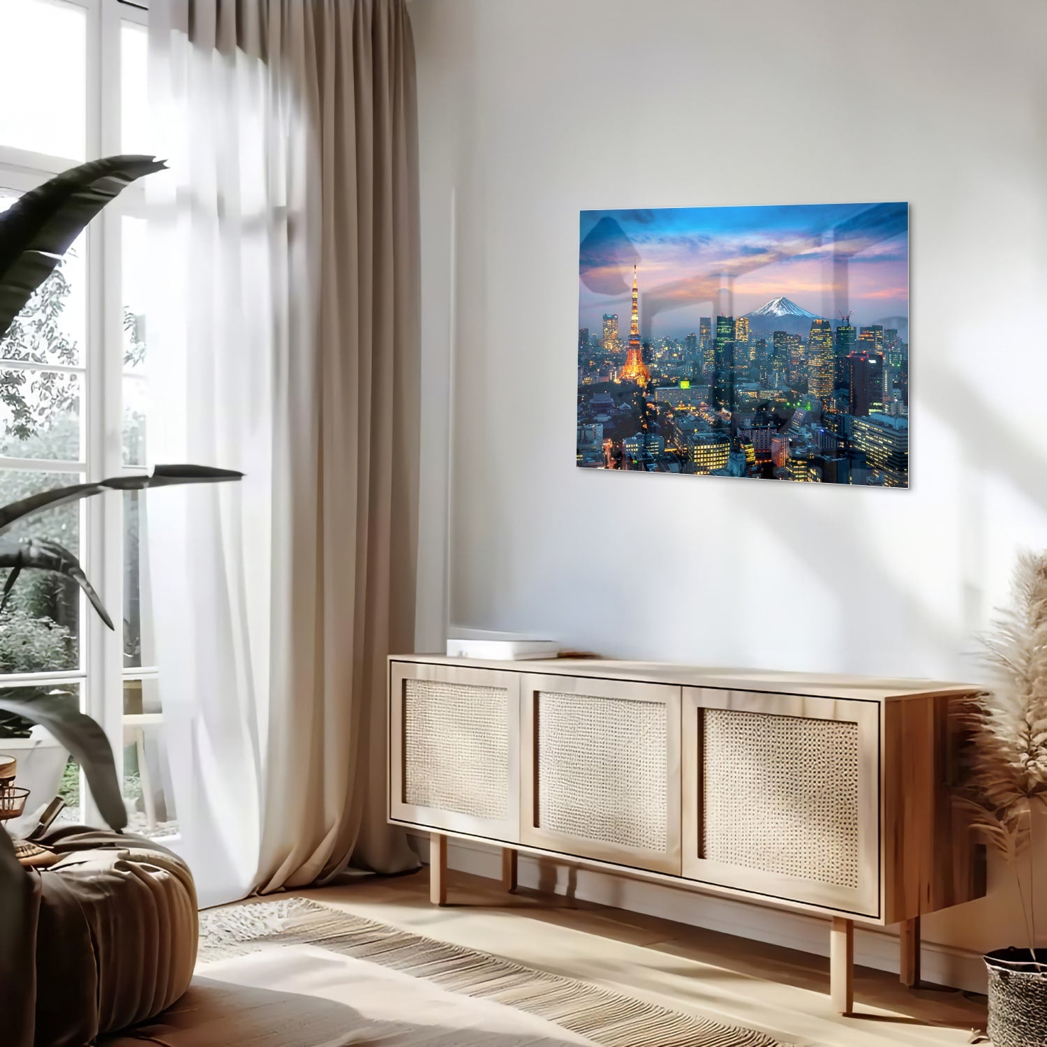 Glazen schilderij van Tokyo met de Tokyo Tower en Mount Fuji in de achtergrond