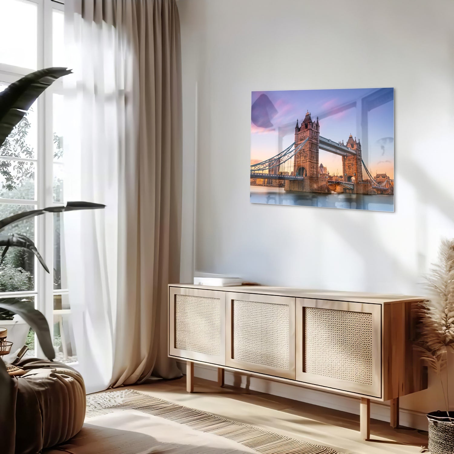 Glas schilderij van de Tower Bridge in Londen met een zonsondergang op de achtergrond.
