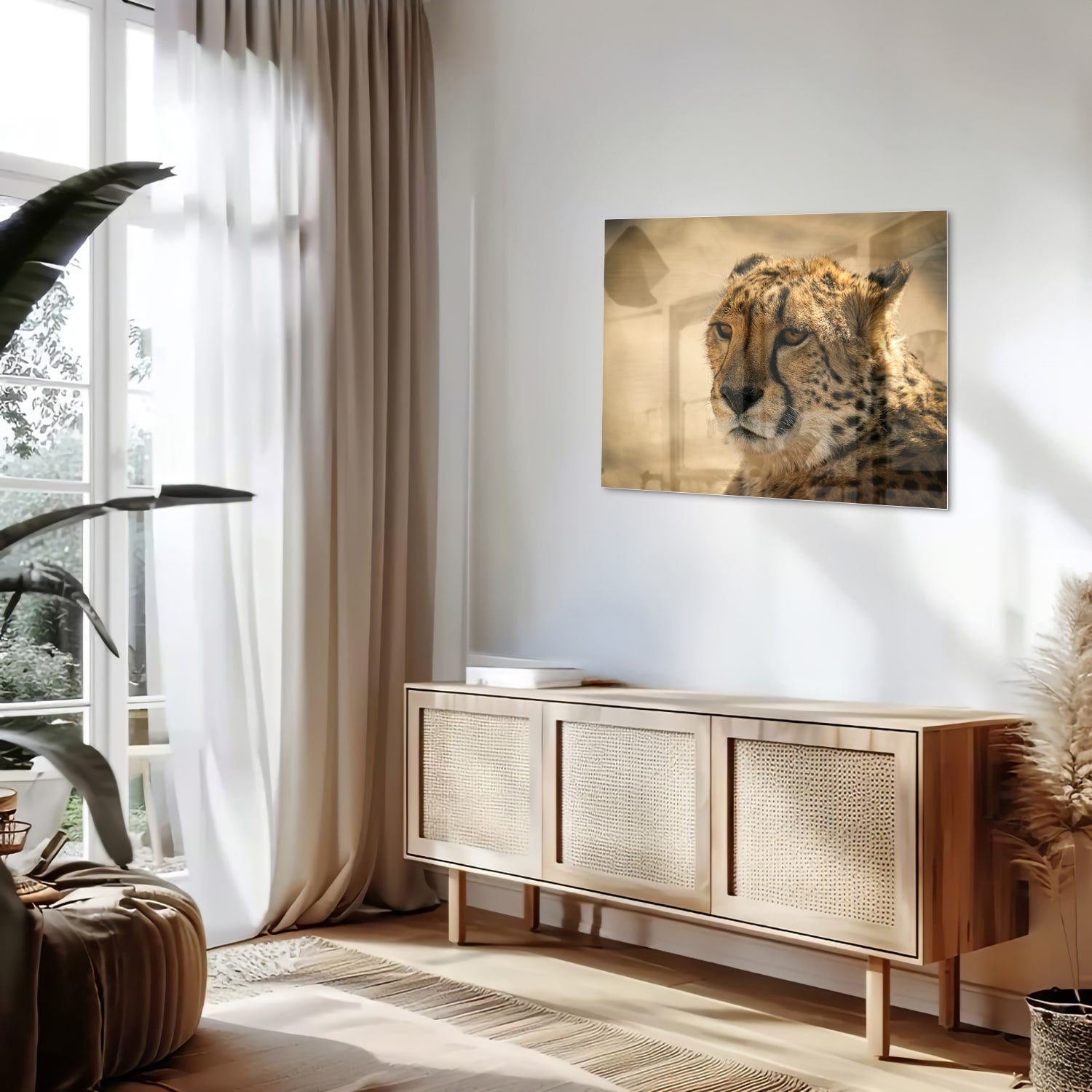 Glazen schilderij van een luipaard hangt aan de muur in een stijlvolle woonkamer.