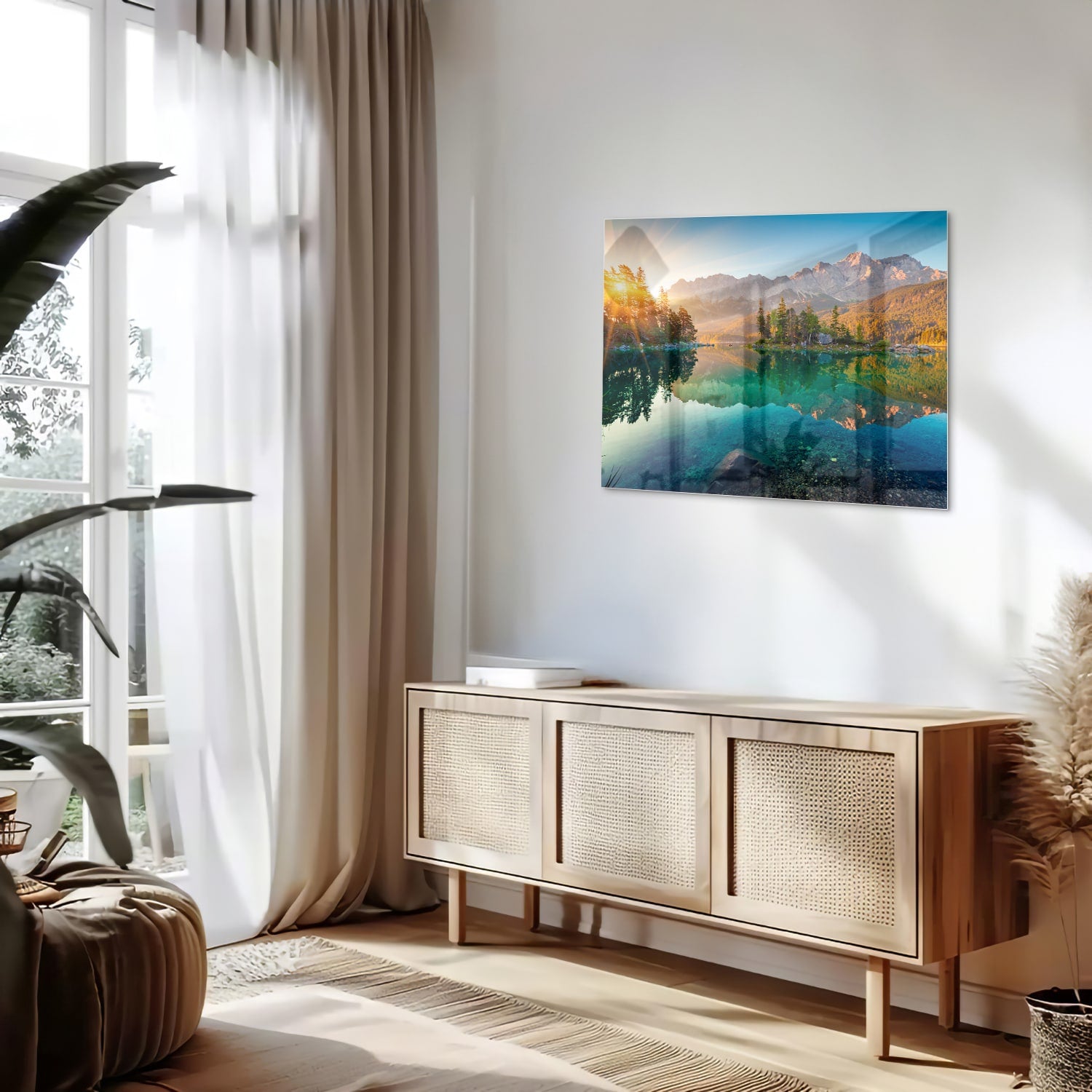 Glazen schilderij van een berglandschap met reflectie in het meer.