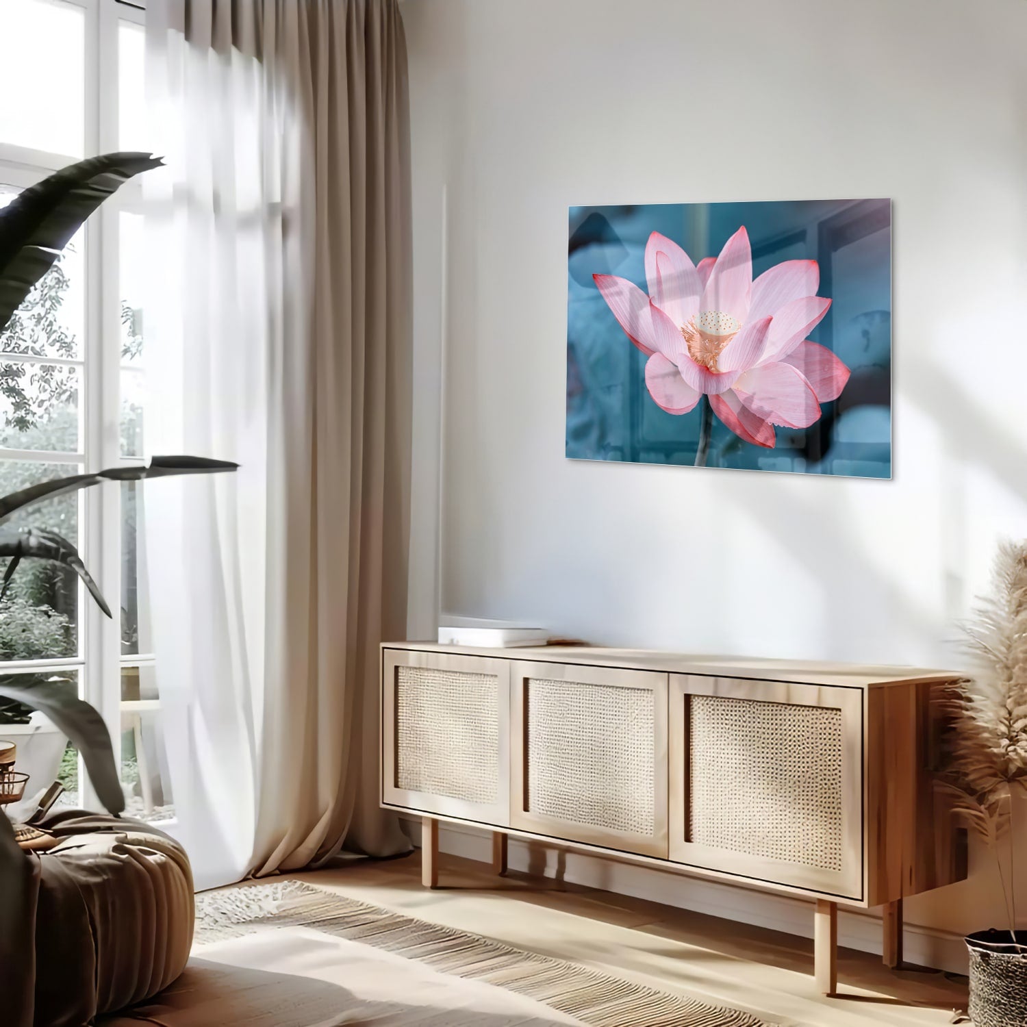 Glazen schilderij van een roze lotus boven een houten meubelstuk in een gezellige woonkamer.