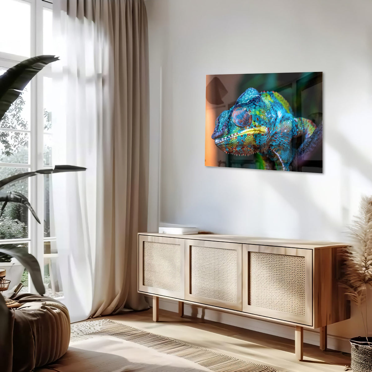 Glazen schilderij van een kleurrijk chameleon hangt aan de muur