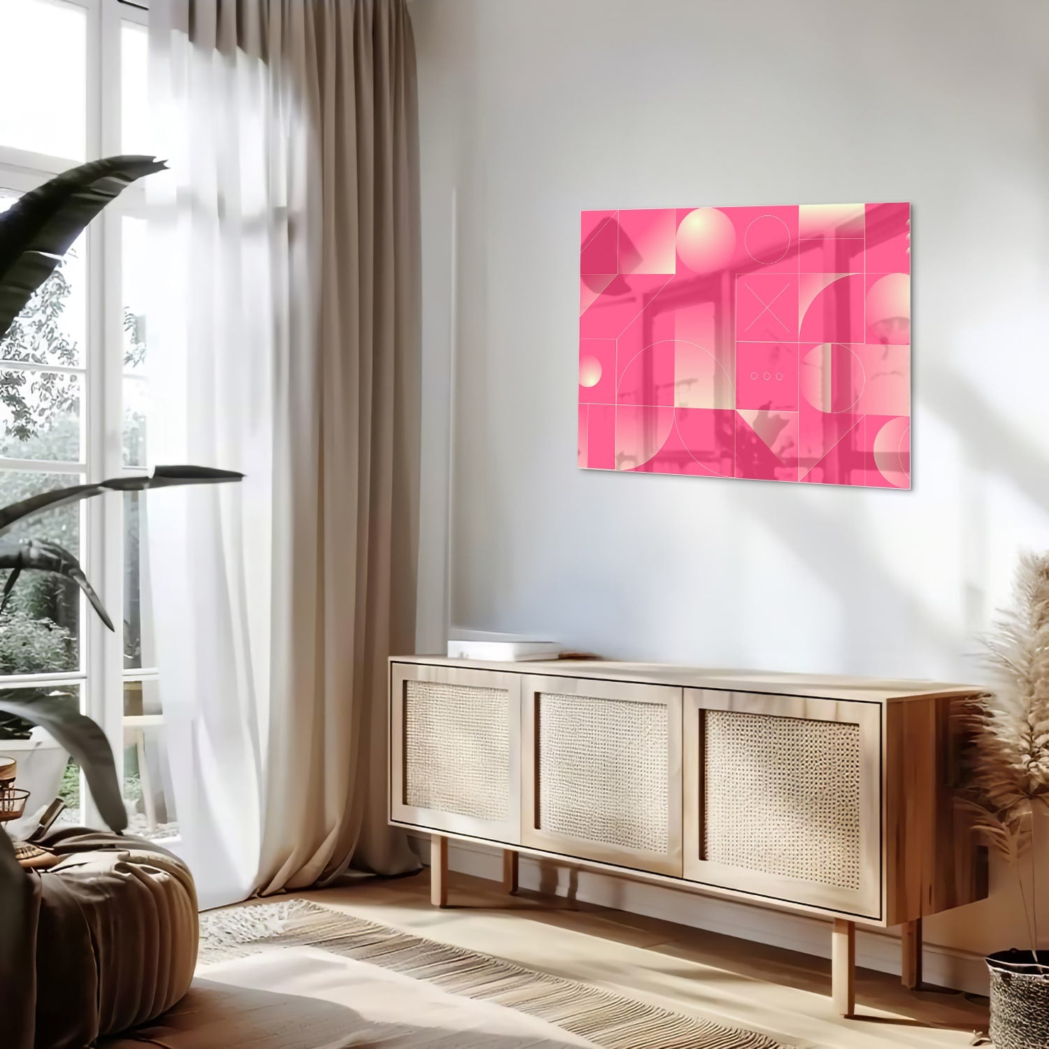 Modern glazen schilderij in frisroze met geometrische vormen.