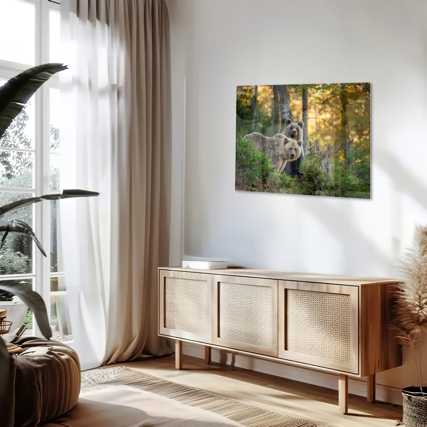 Glazen schilderij met twee schattige beren in een bosrijke omgeving