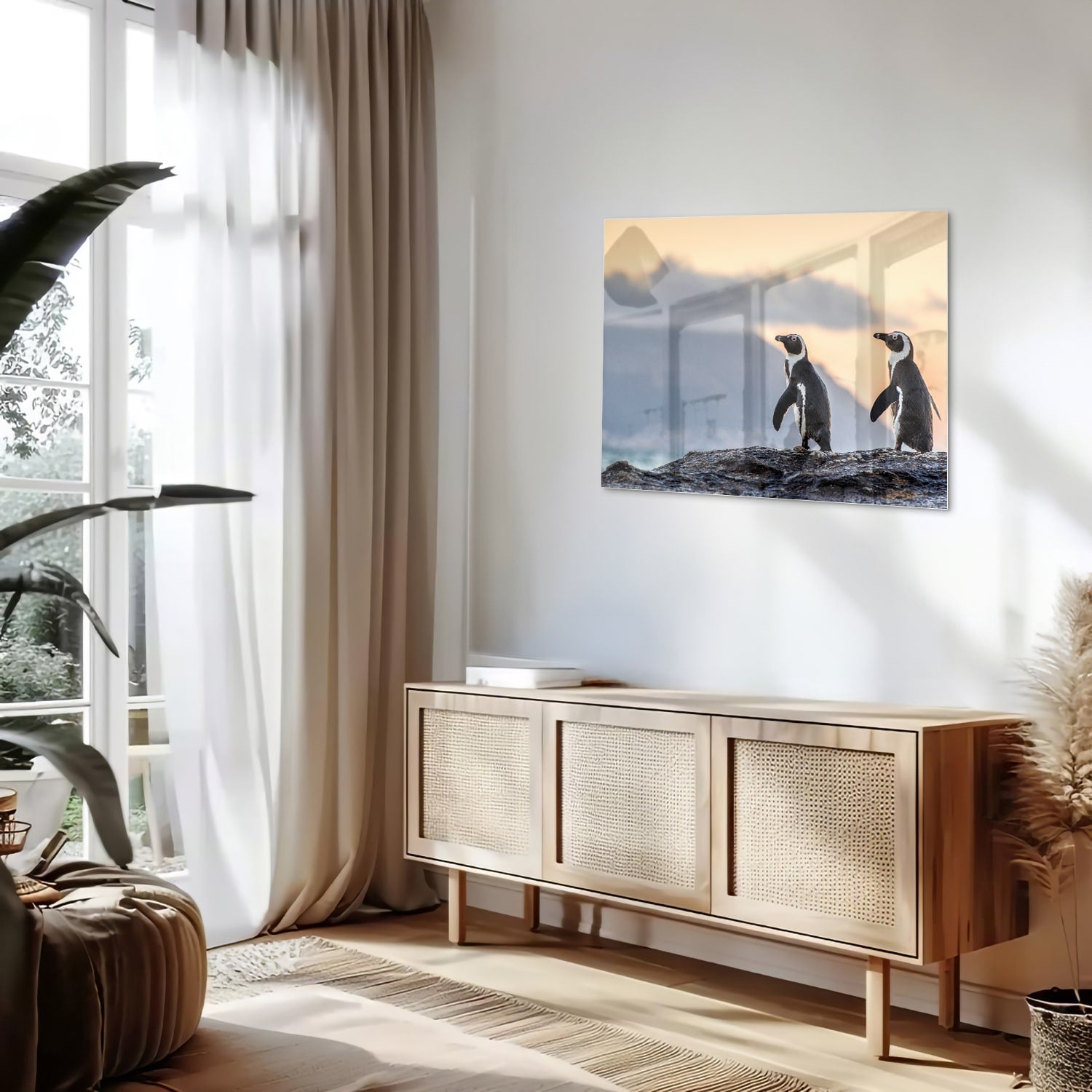 Glazen schilderij van pinguns aan zee met een zonsondergang op de achtergrond