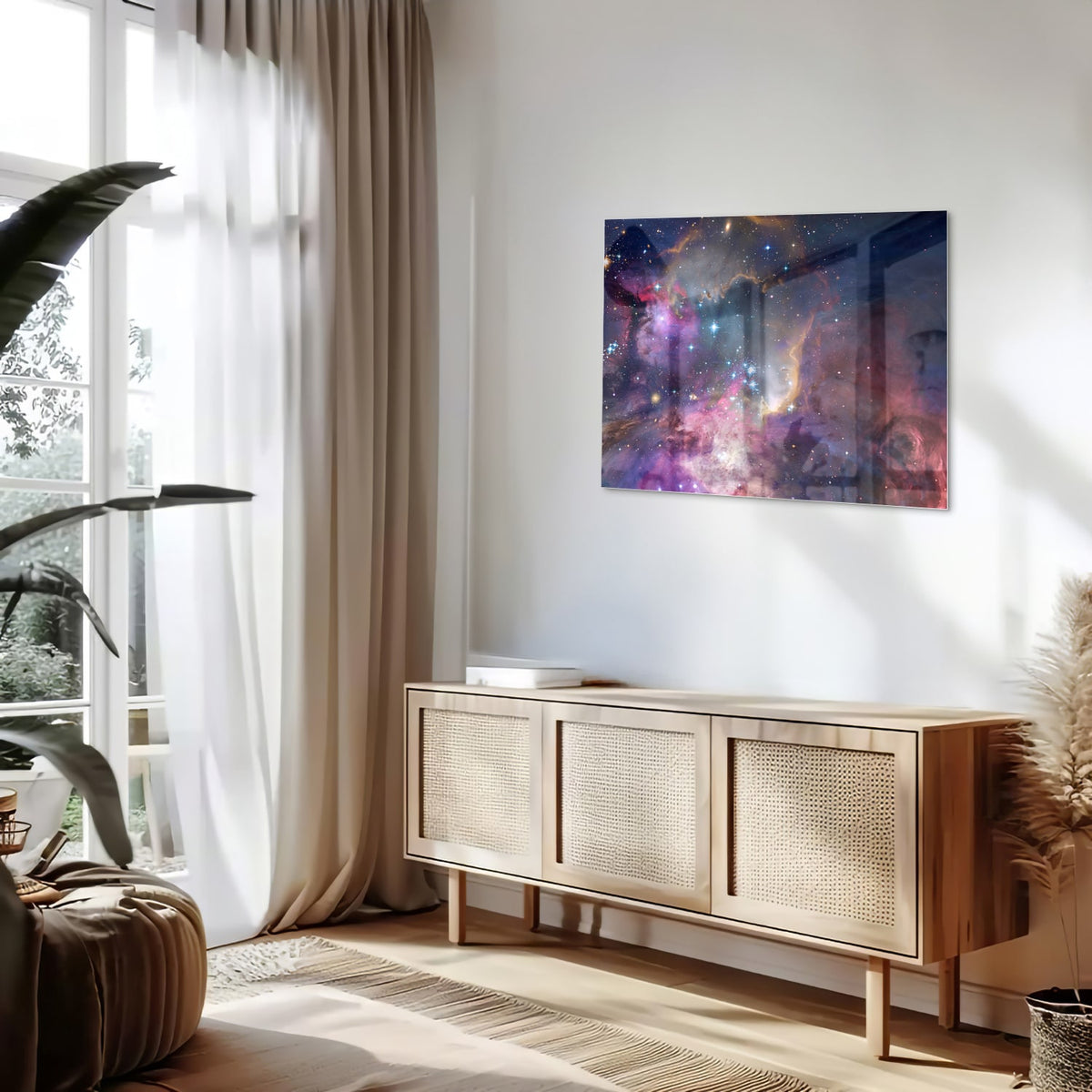 Glazen schilderij met een prachtig universum en sterren op een wand