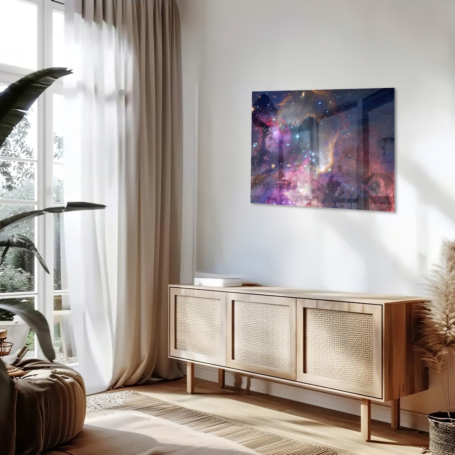 Glazen schilderij met een prachtig universum en sterren op een wand