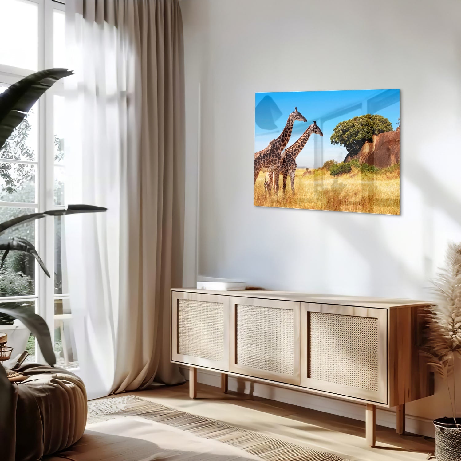 Glazen schilderij van twee giraffen in een Afrikaans landschap