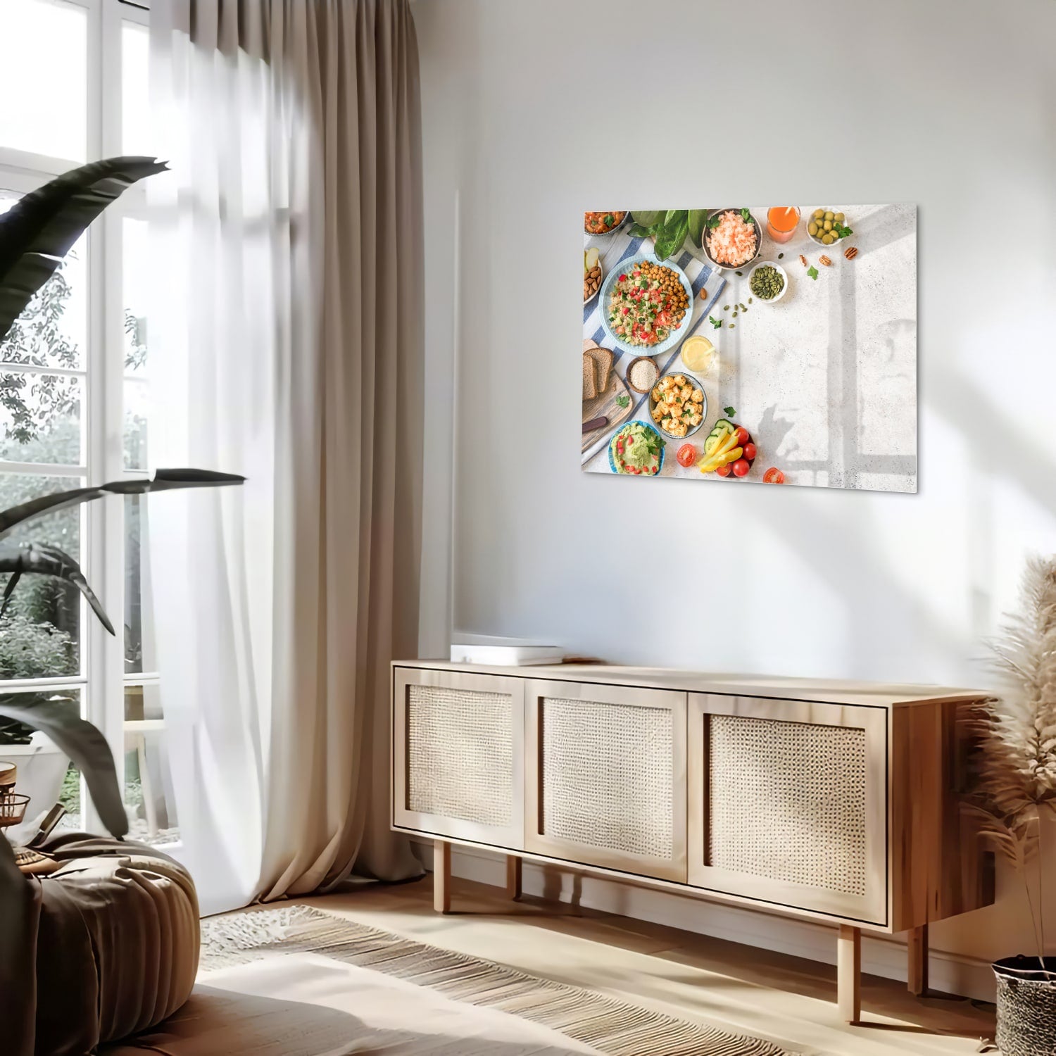 Kleurrijk glazen schilderij met een variteit aan verse gerechten en ingredinten, ideaal voor keukeninspiratie.