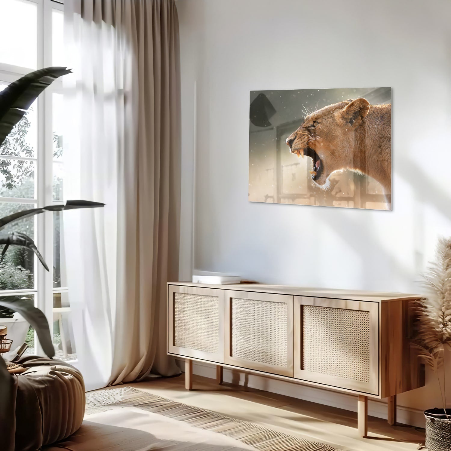 Glazen schilderij van een brullende leeuw, bijzonder kunstwerk voor aan de muur.