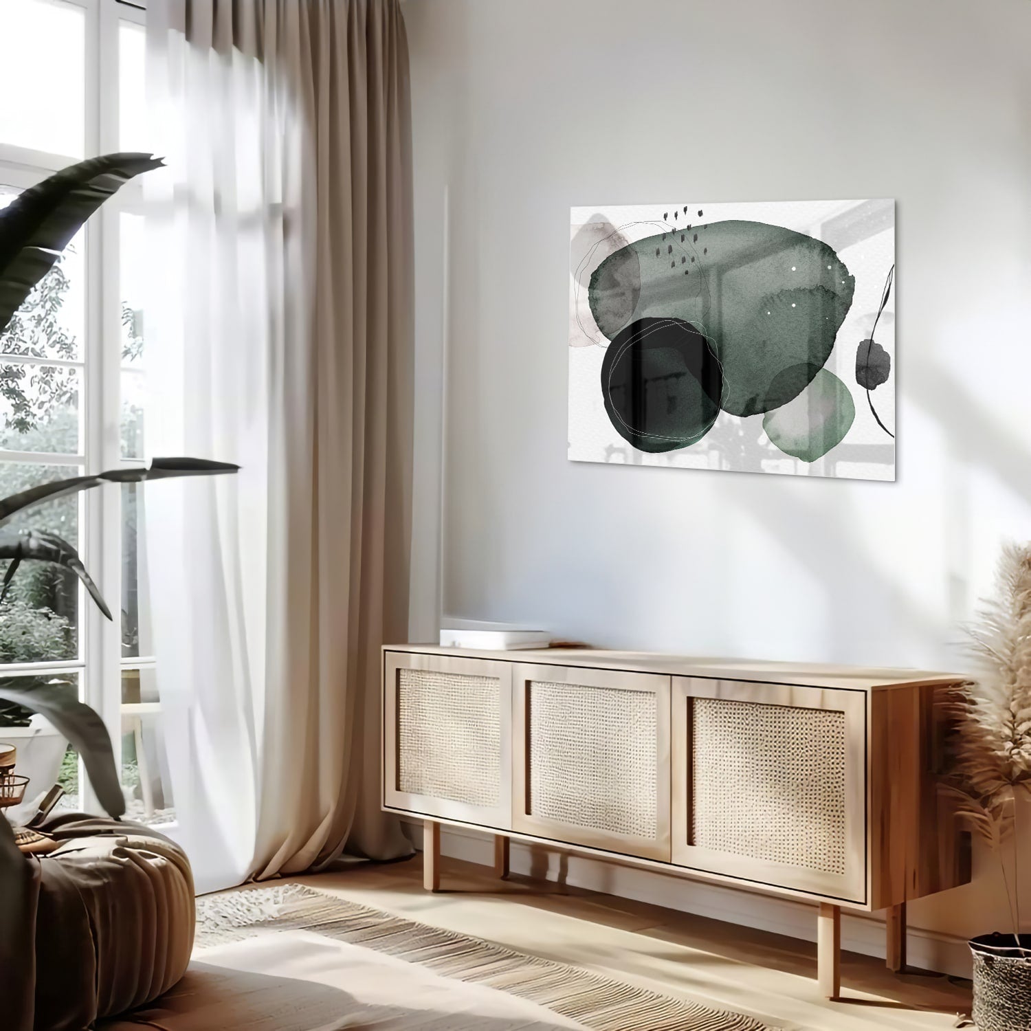 Abstract glas schilderij met groene en zwarte vormen