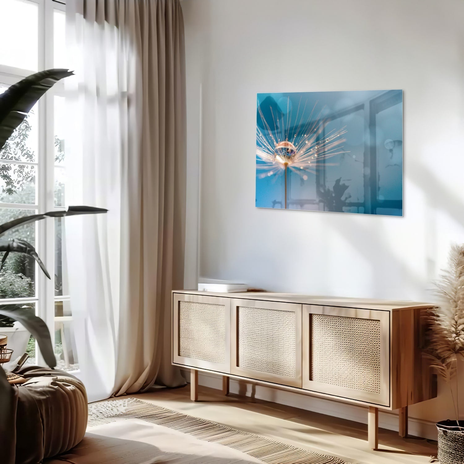 Glazen schilderij van een dandelion op een blauwe achtergrond