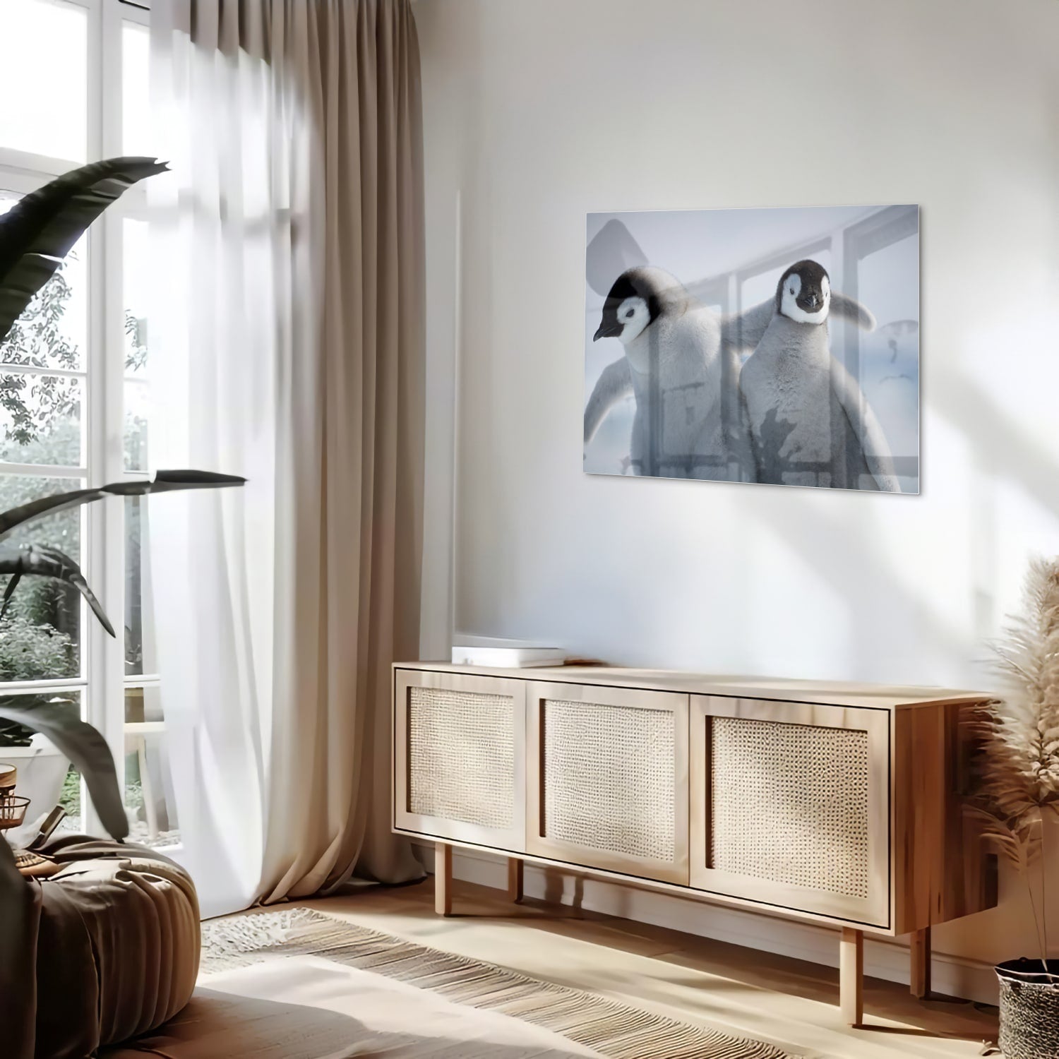 Glazen schilderij van twee pinguns in een winterlandschap.