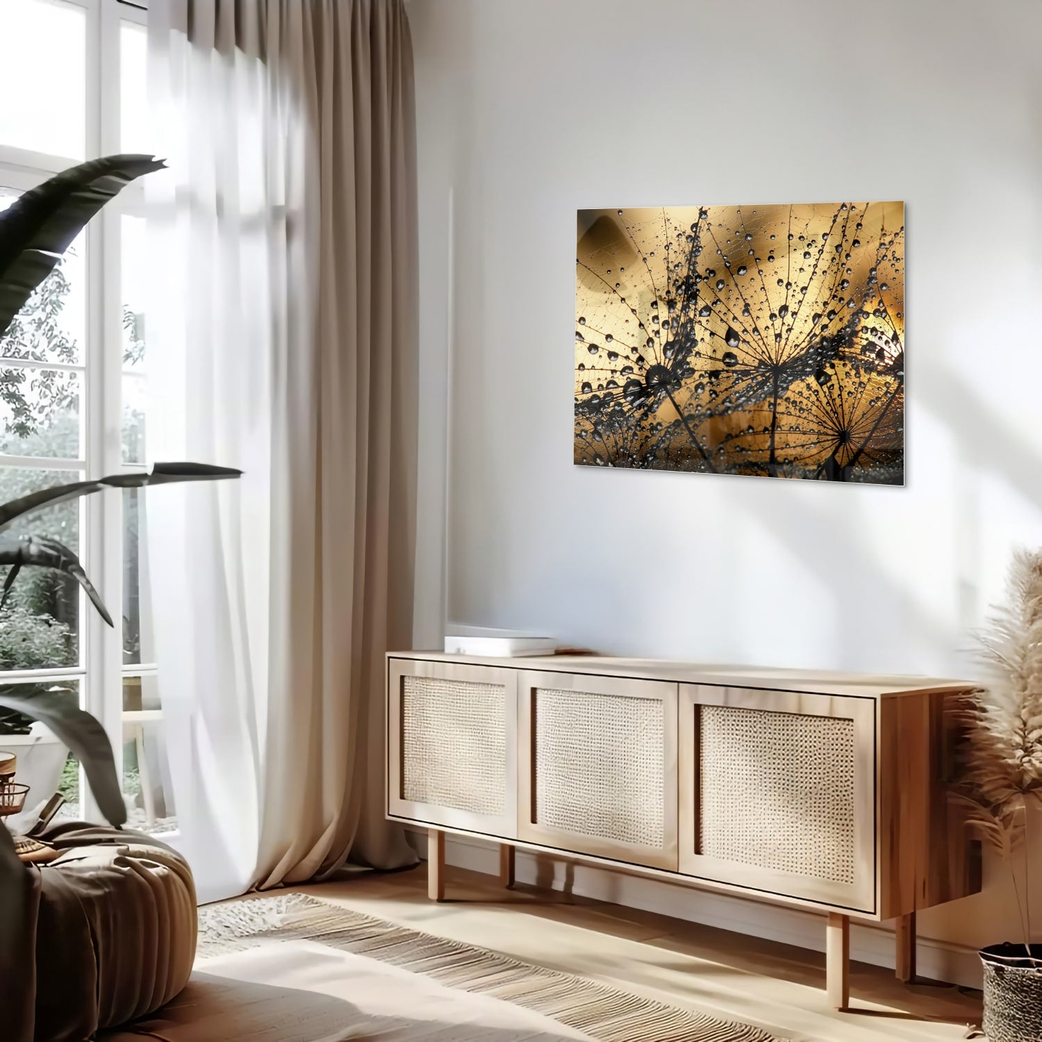 Glazen schilderij met gouden waterdruppels op een lichte muur.