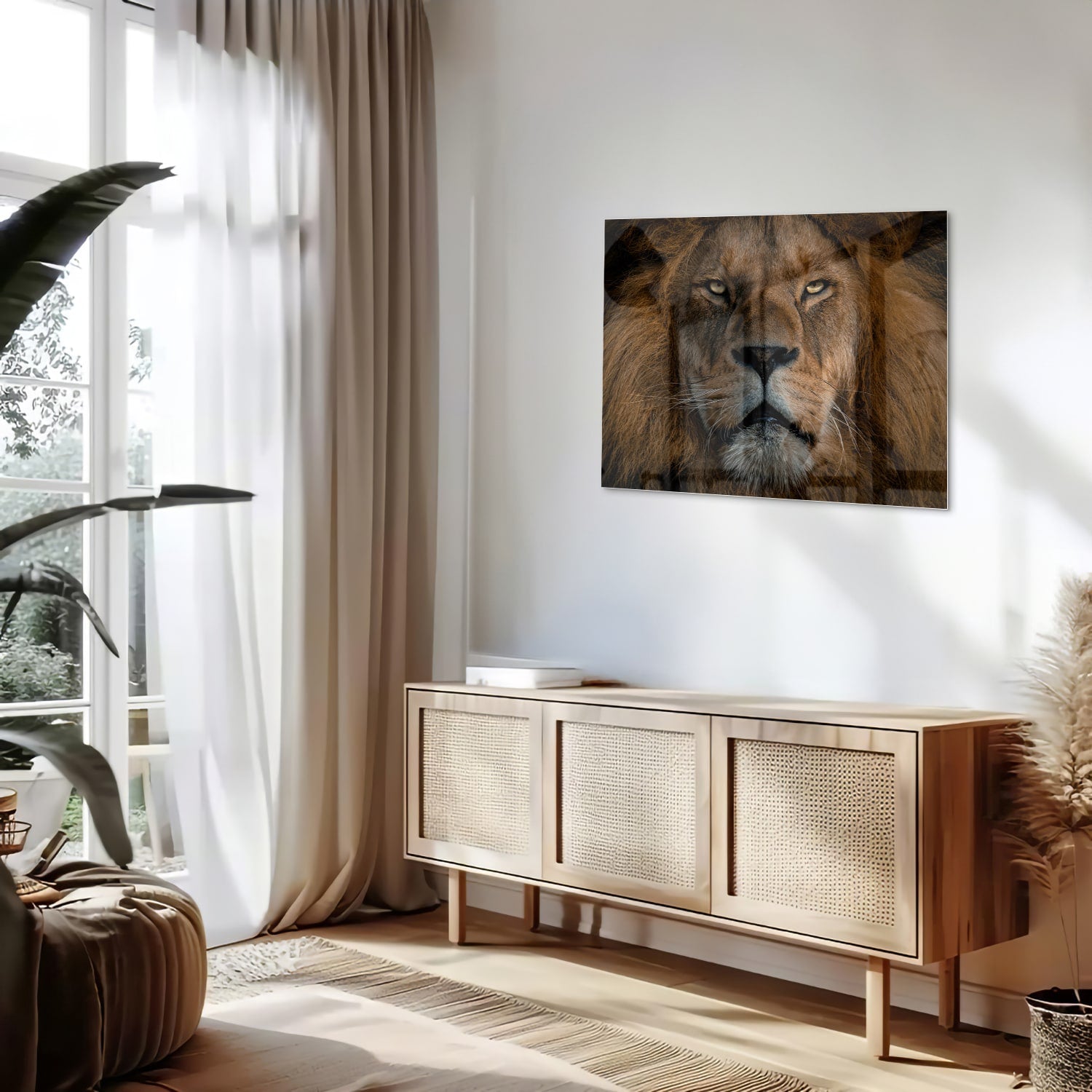 Glazen schilderij van een leeuw, een krachtige uitstraling voor de wand.