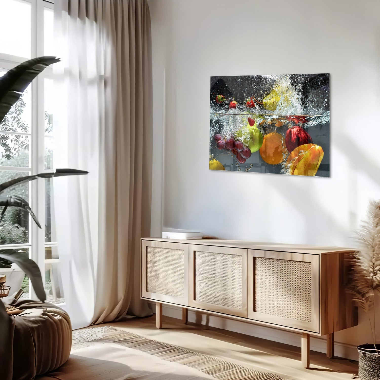Glazen schilderij met kleurrijk fruit en sprankelend water