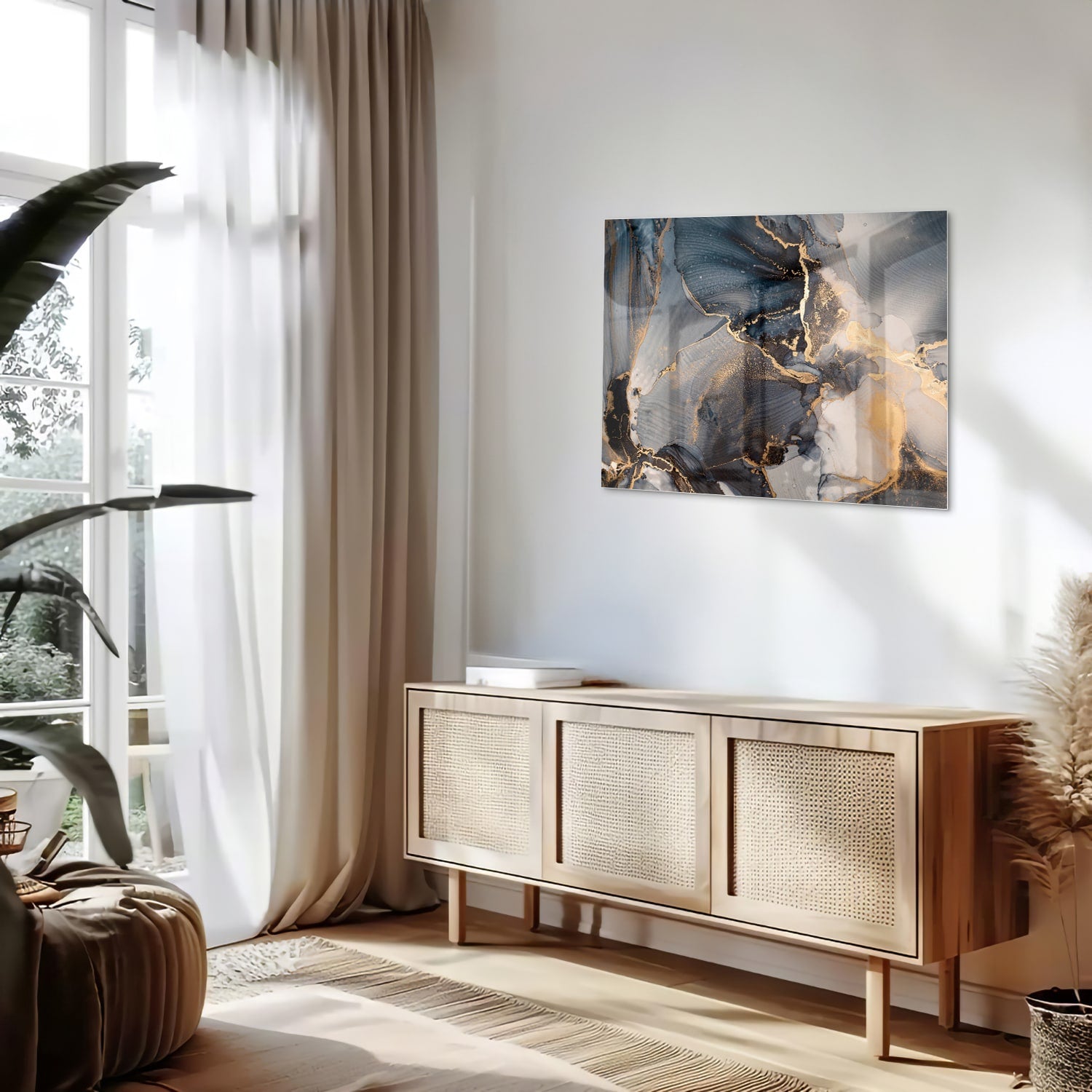 Elegant glazen schilderij met blauwe en gouden abstracte lagen
