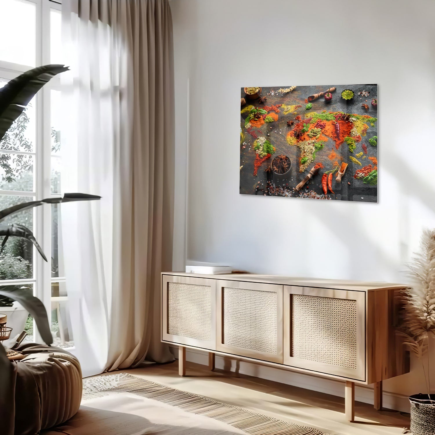 Glazen schilderij met een kleurrijke voorstelling van specerijen en groenten.