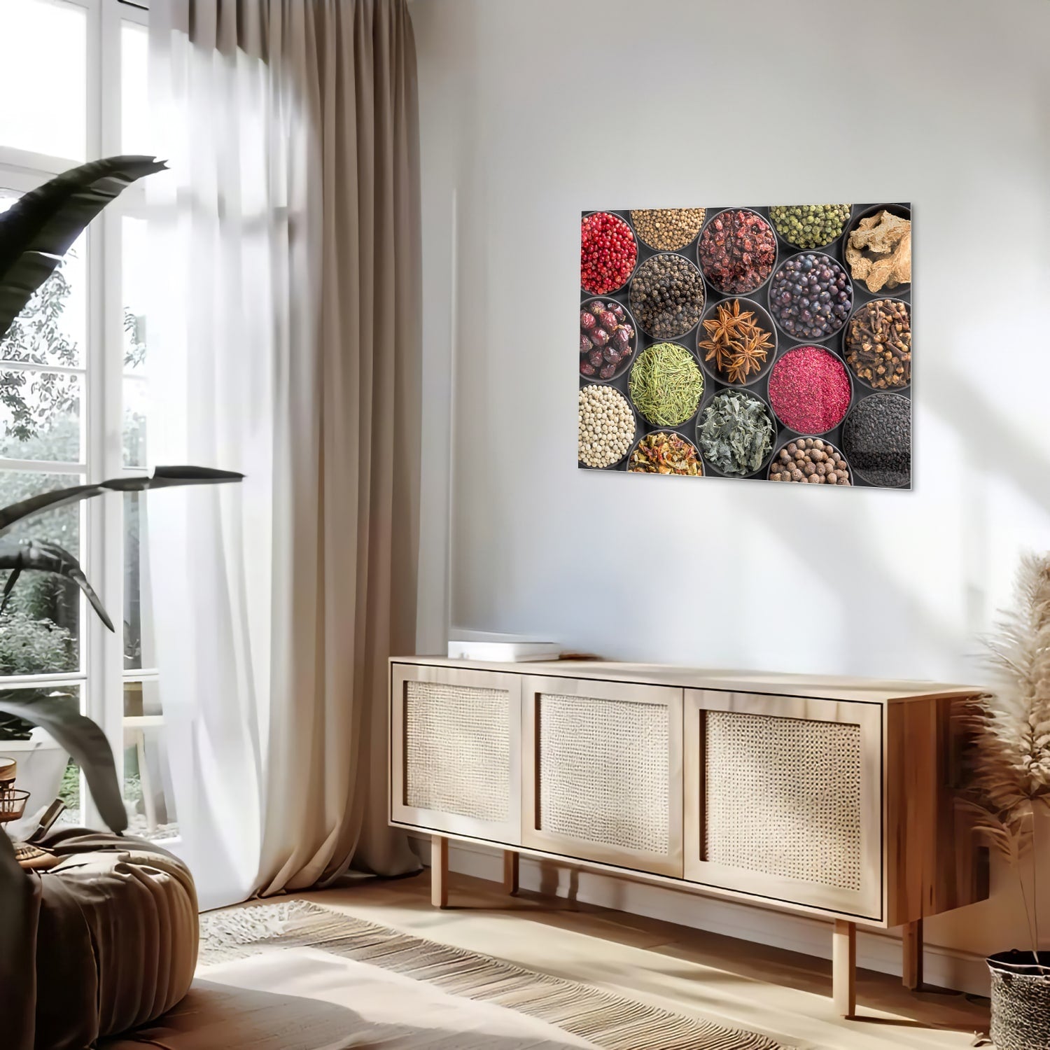 Kleurrijk glazen schilderij met diverse specerijen en kruiden in ronde schaaltjes