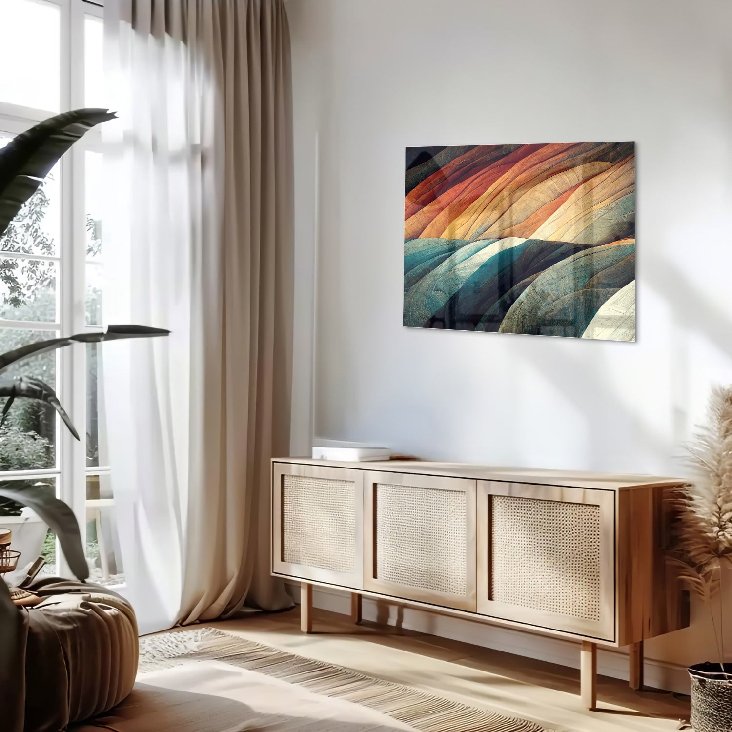 Abstract glazen schilderij met gekleurde golven in een moderne woonkamer.
