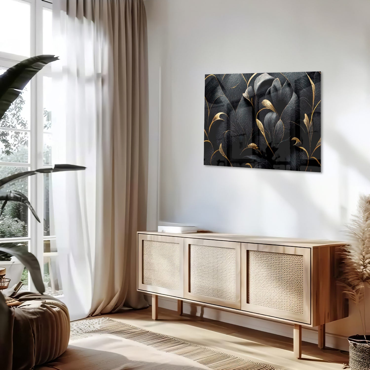 Glazen schilderij met gouden bladeren op een zwarte achtergrond, perfect voor interieur decoratie.