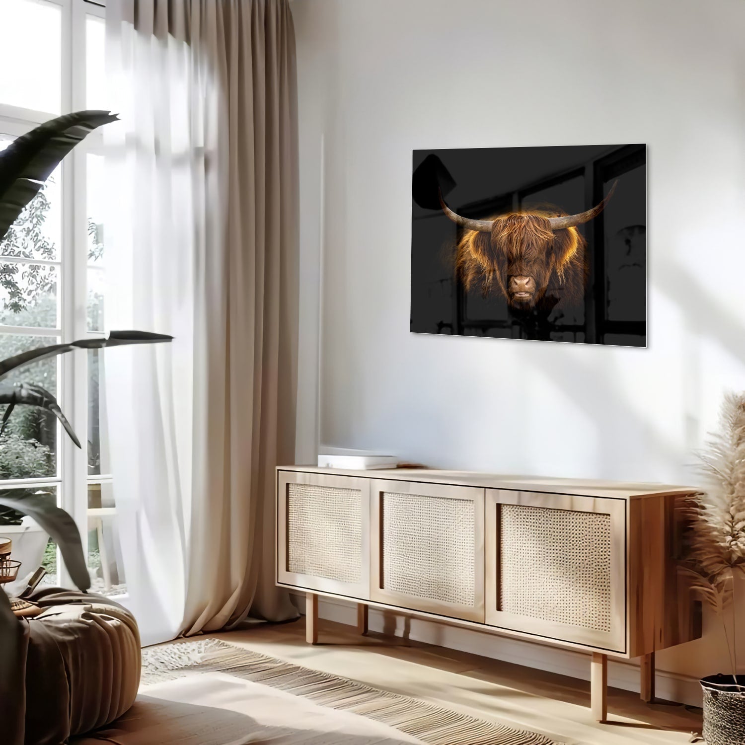 Glazen schilderij van een Highlander rund met lange hoorns en vacht op een zwarte achtergrond.