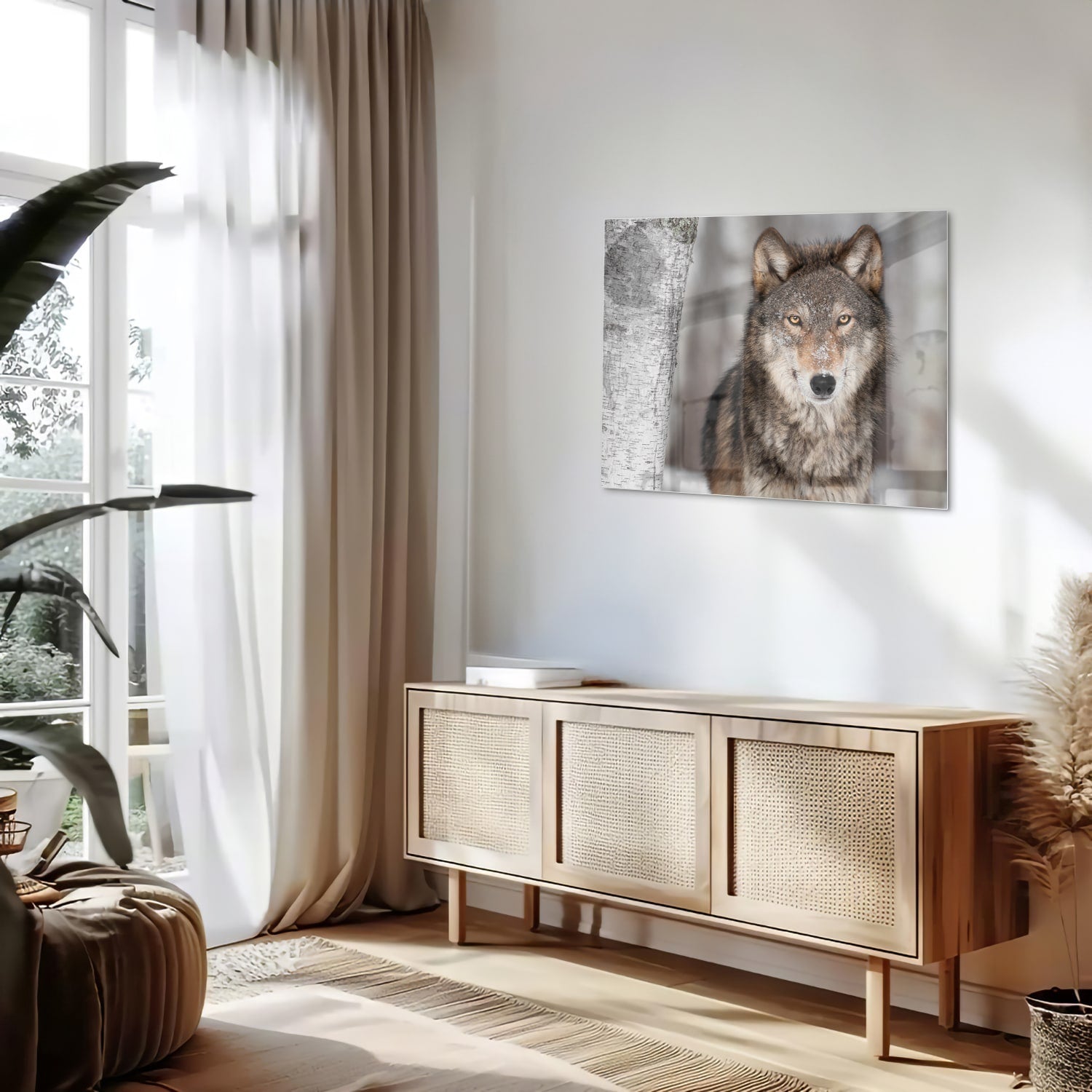 Glazen schilderij van een wolf met indrukwekkende blik in een interieur