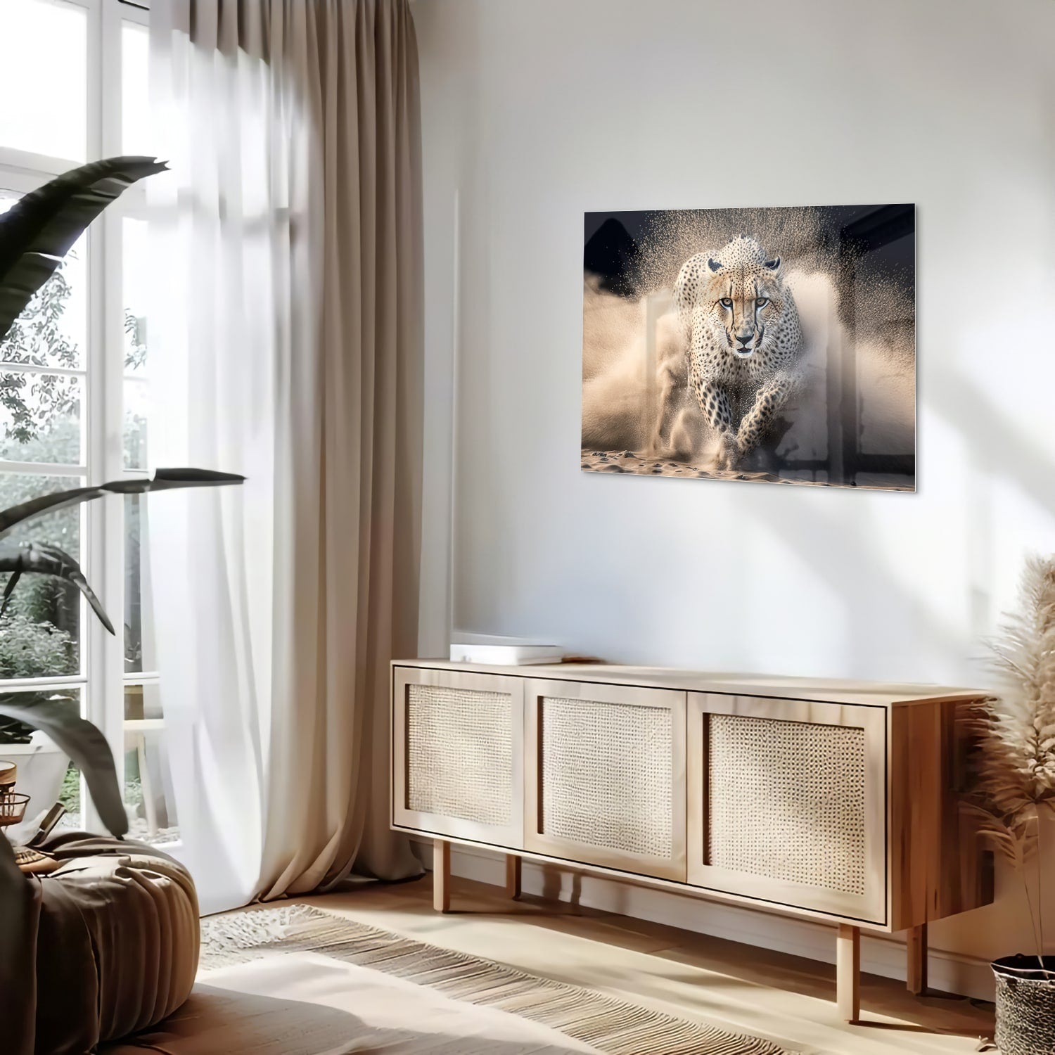 Glazen schilderij van een jachtluipaard die door zand rent in een moderne woonkamer.