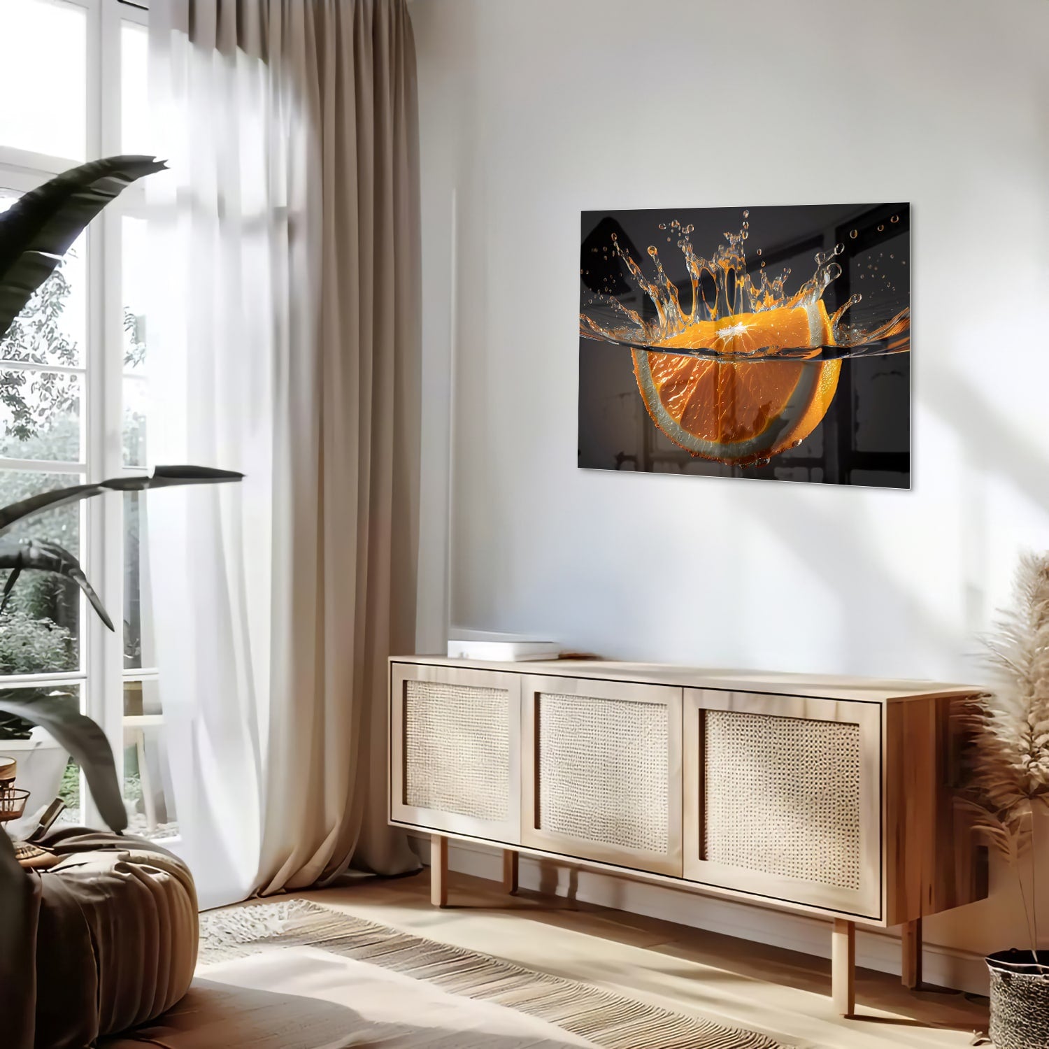 Glazen schilderij van een spetterende sinaasappel boven water.