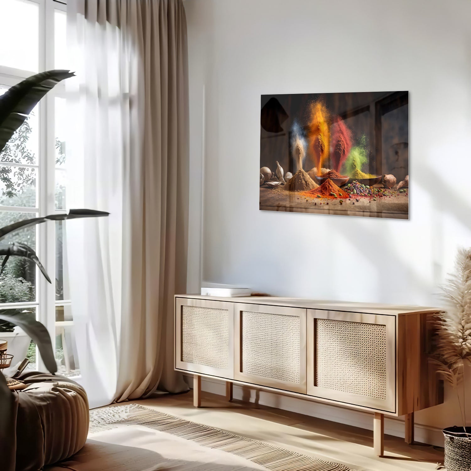 Glazen schilderij met een kleurrijke weergave van specerijen op een houten tafel.