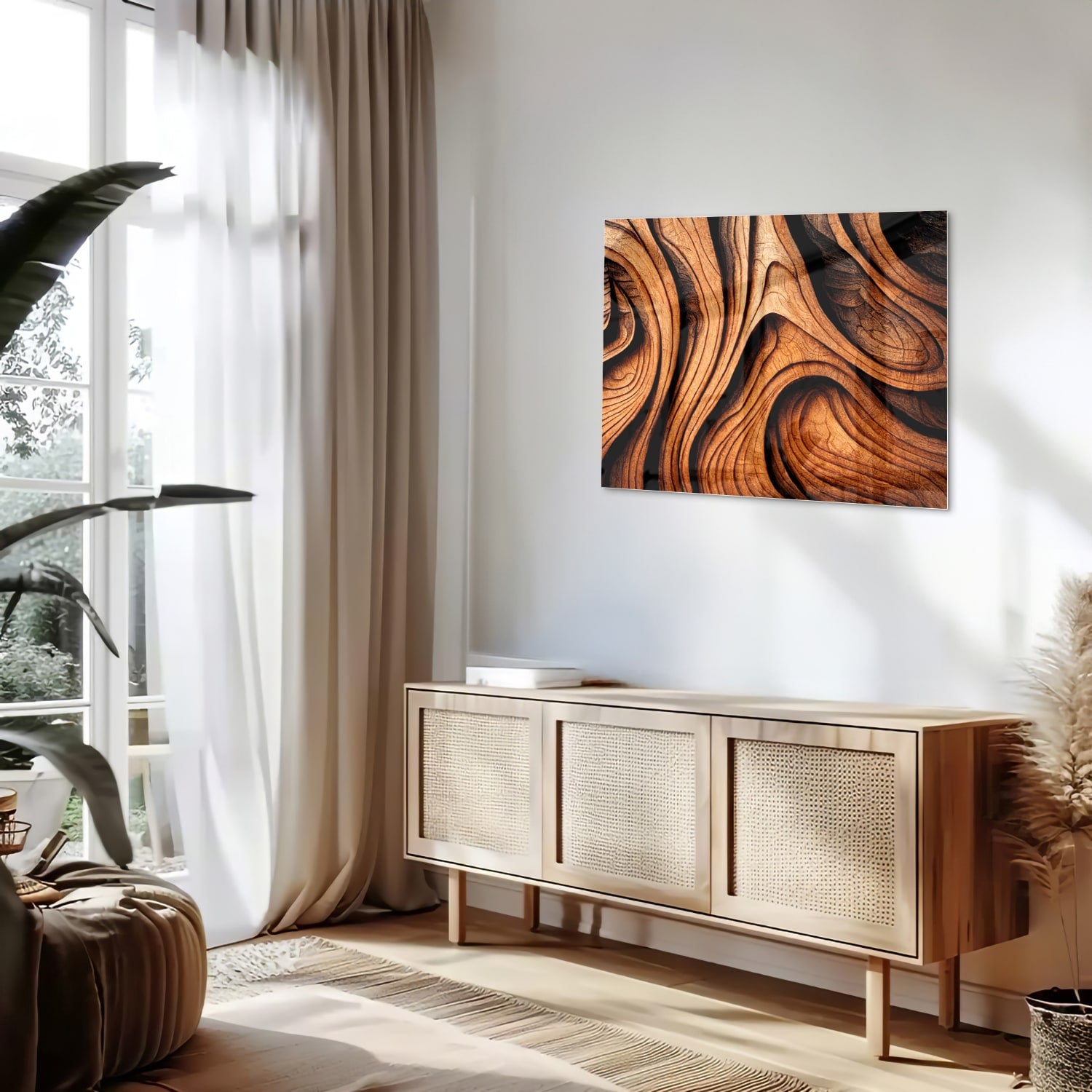 Glas schilderij met houtstrukturen in warme tinten, perfect voor wanddecoratie.