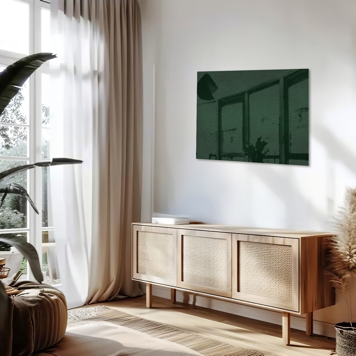 Een groen glazen schilderij aan de muur in een lichte woonkamer