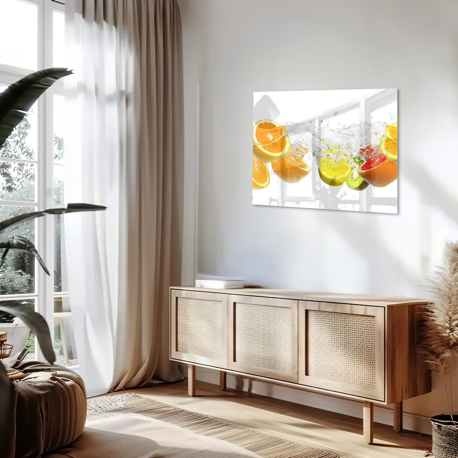 Glazen schilderij met sinaasappels en limoenen in water.