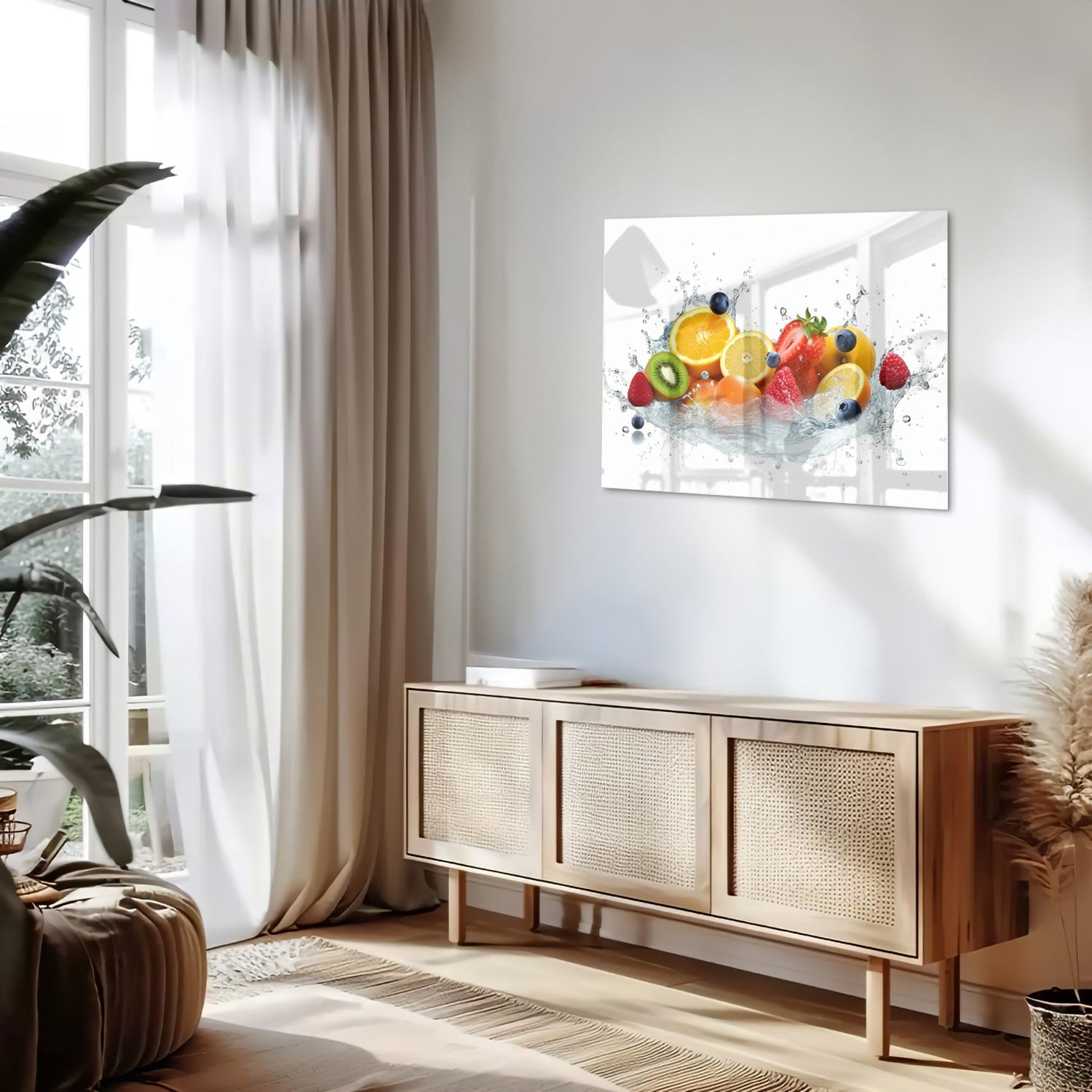 Glazen schilderij van een kleurrijke fruitcompositie aan een muur.