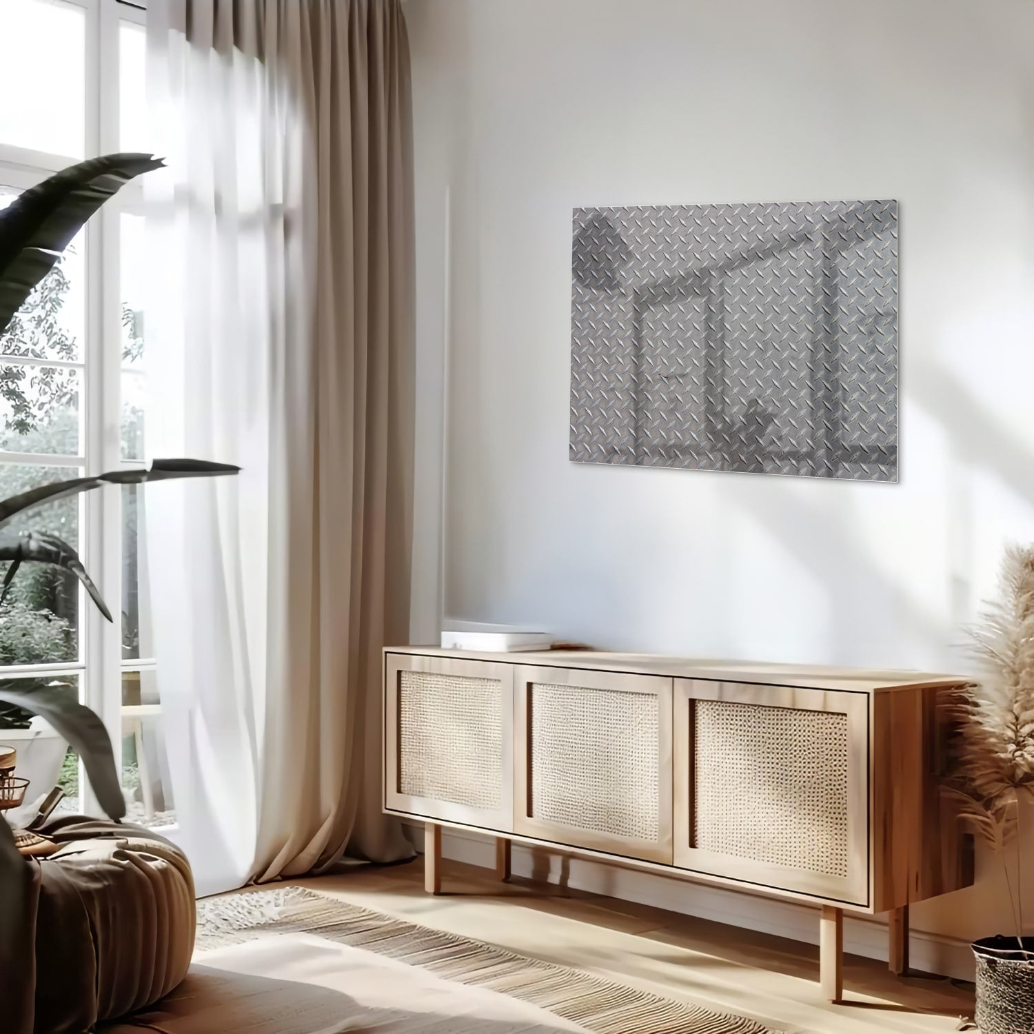 Industrile glazen schilderij met ruitpatroon aan de muur in een modern interieur.
