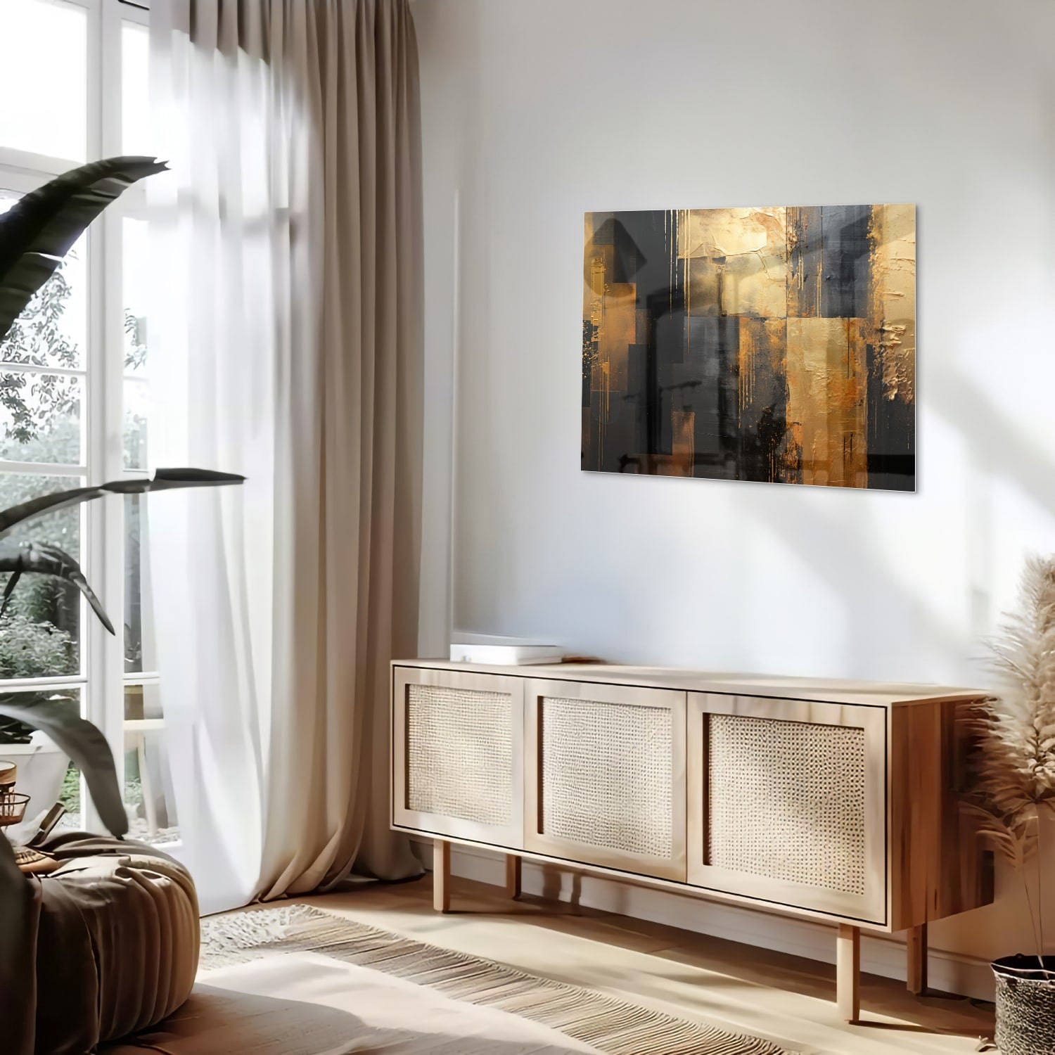 Abstract glazen schilderij in goud en zwart, perfect voor moderne interieurs.