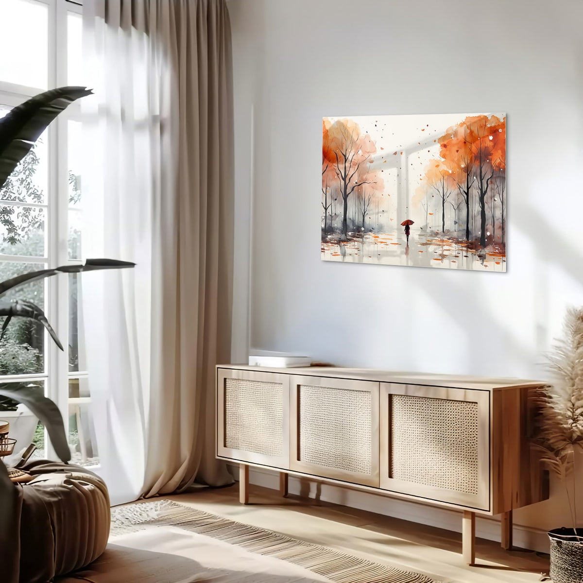 Glazen schilderij van een herfstlandschap met een wandelaar en kleurrijke bomen.