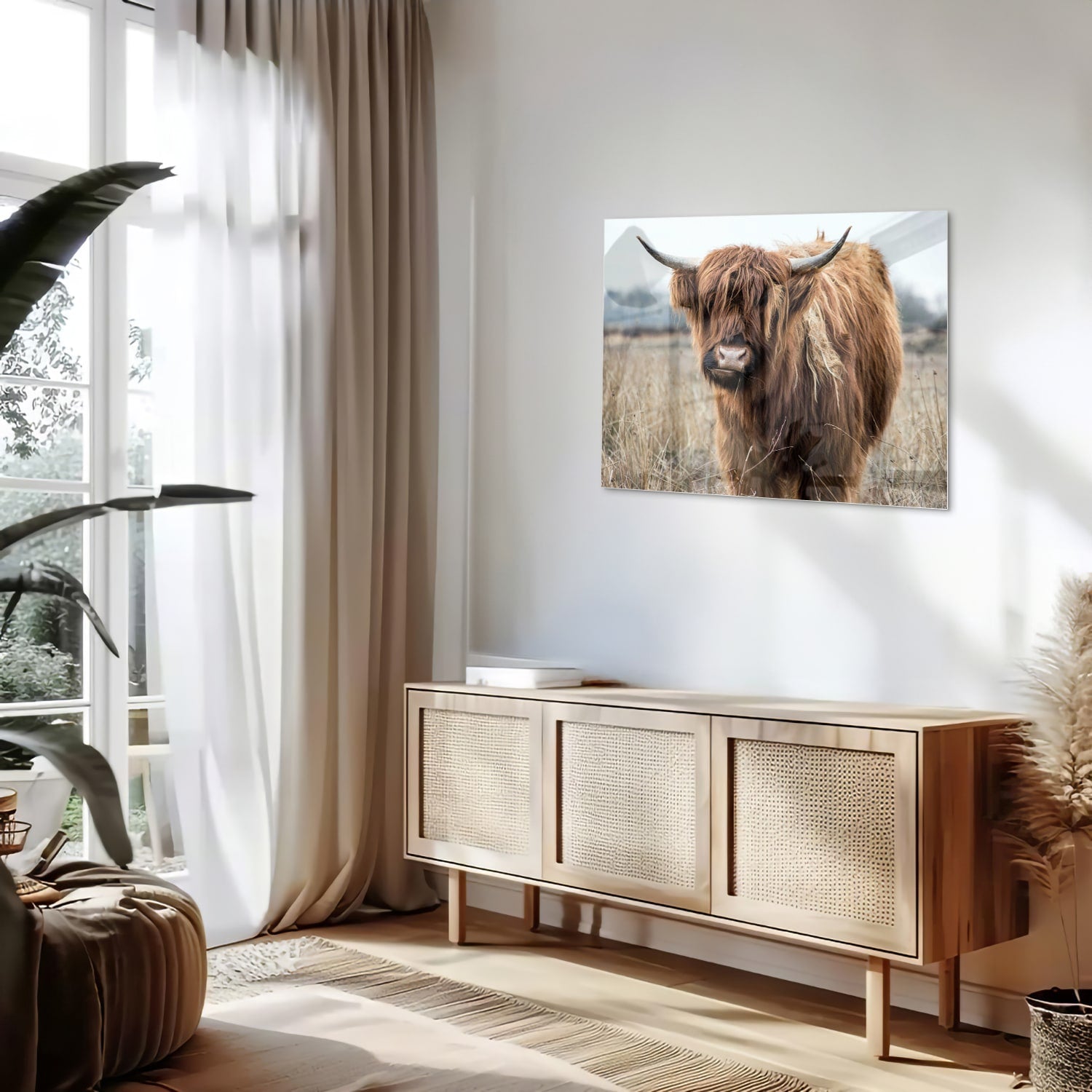 Glazen schilderij met een Houten Hooglander in een natuurlijke omgeving.