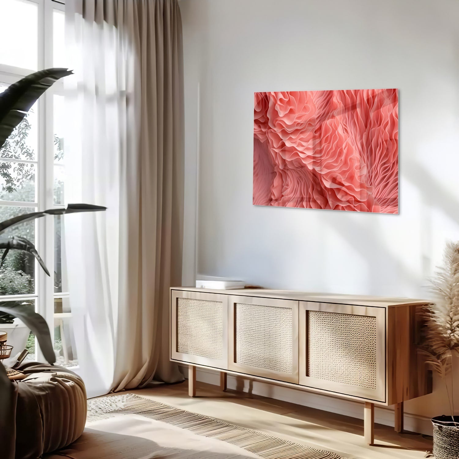 Abstract glazen schilderij in roze met golvende patronen, perfect voor wanddecoratie.