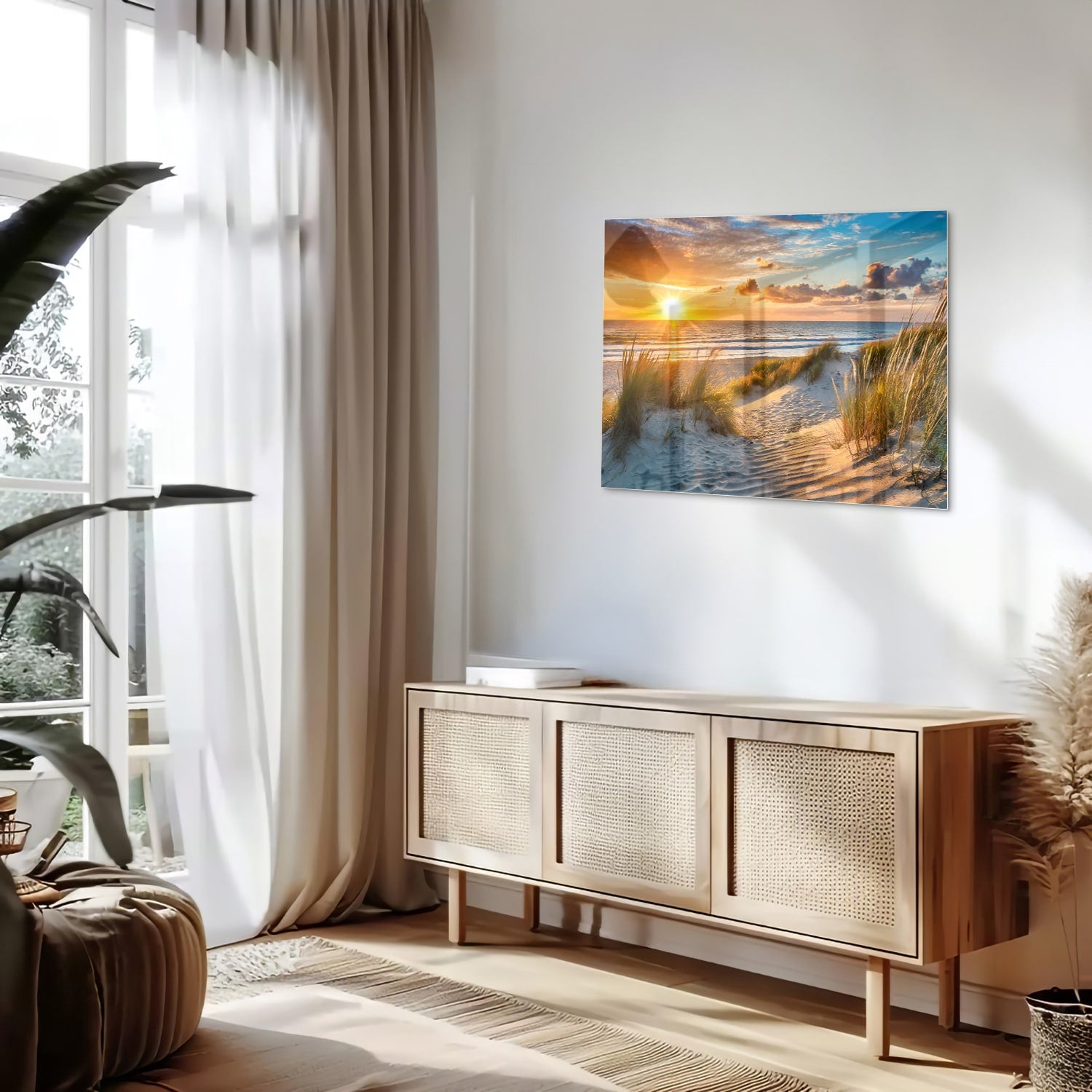 Glazen schilderij van een zonsondergang bij het strand met duinen en gras