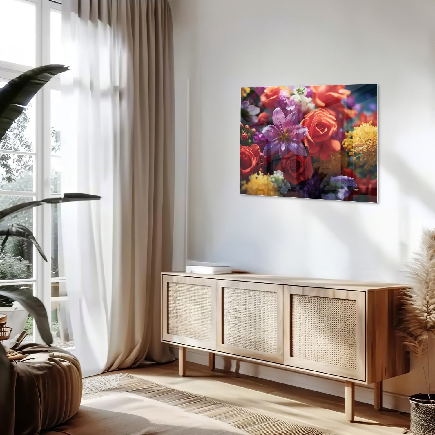 Kleurrijk glazen schilderij met een prachtige bloemencompositie.