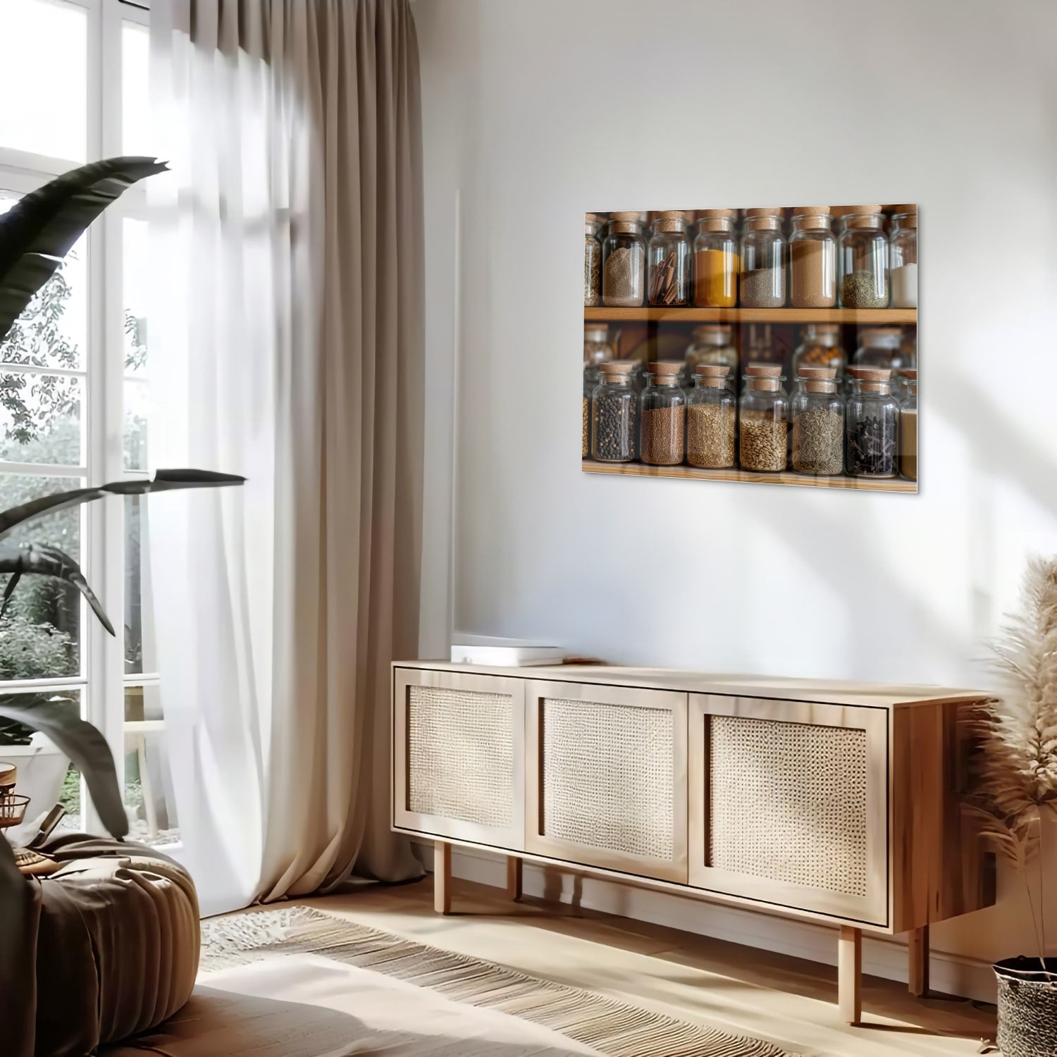 Glazen schilderij met een houten plank vol Mason jars gevuld met specerijen.