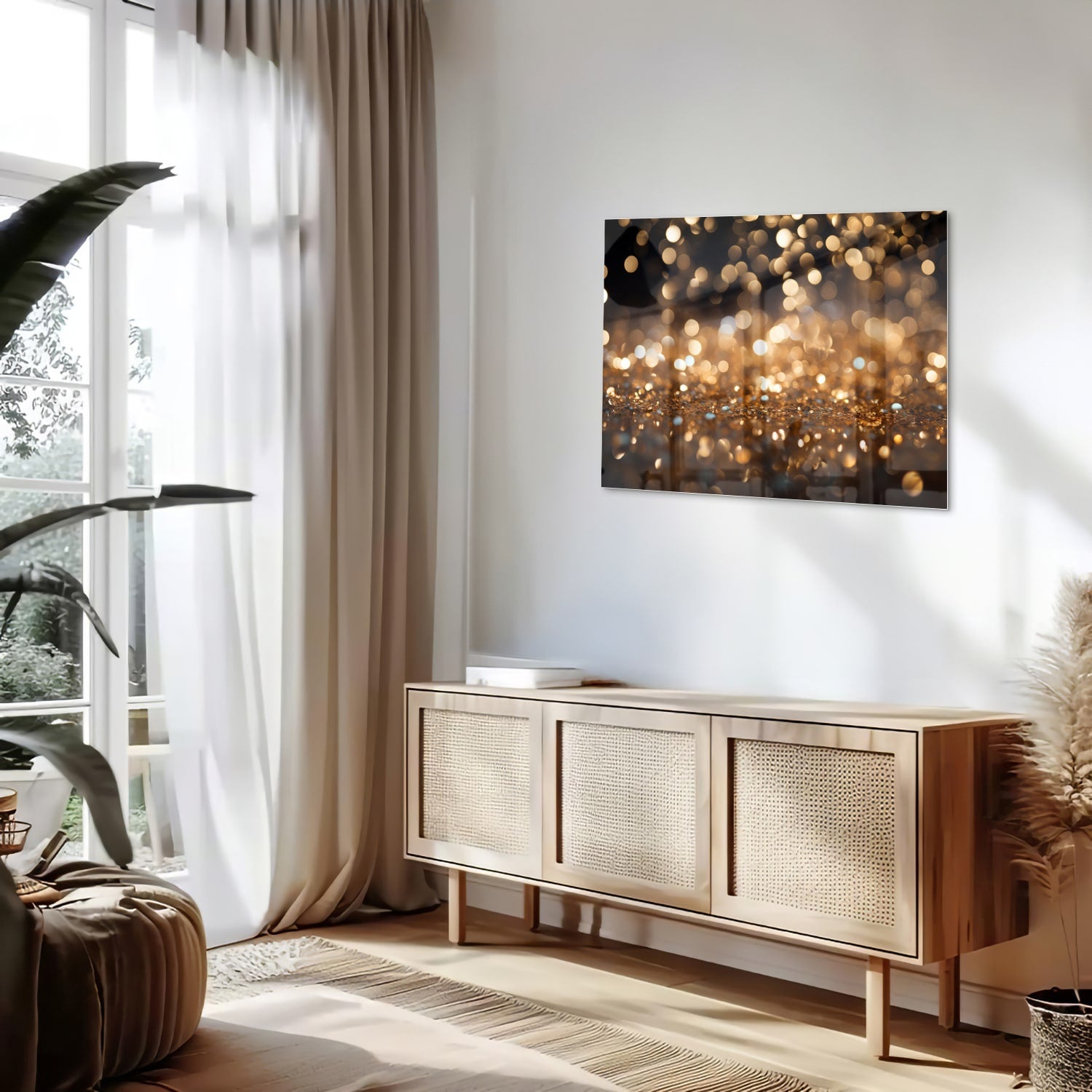 Glazen schilderij met gouden bokeh-effect aan de muur in een moderne woonkamer.