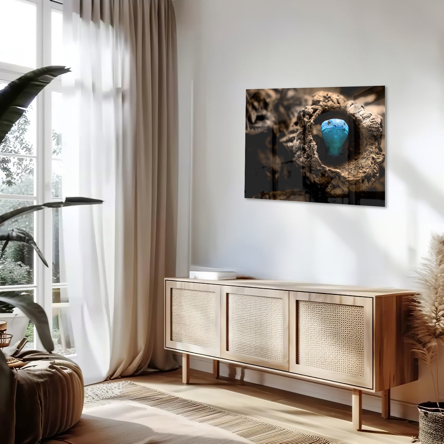 Glas schilderij met een blauwe parel in een nest, stijlvol en modern.
