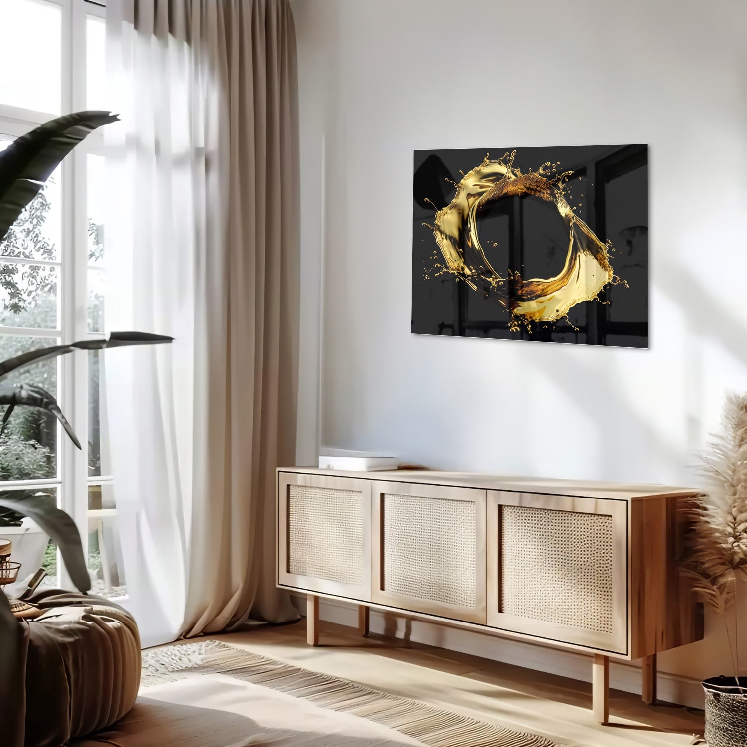 Luxe glazen schilderij met gouden spatten op zwarte achtergrond